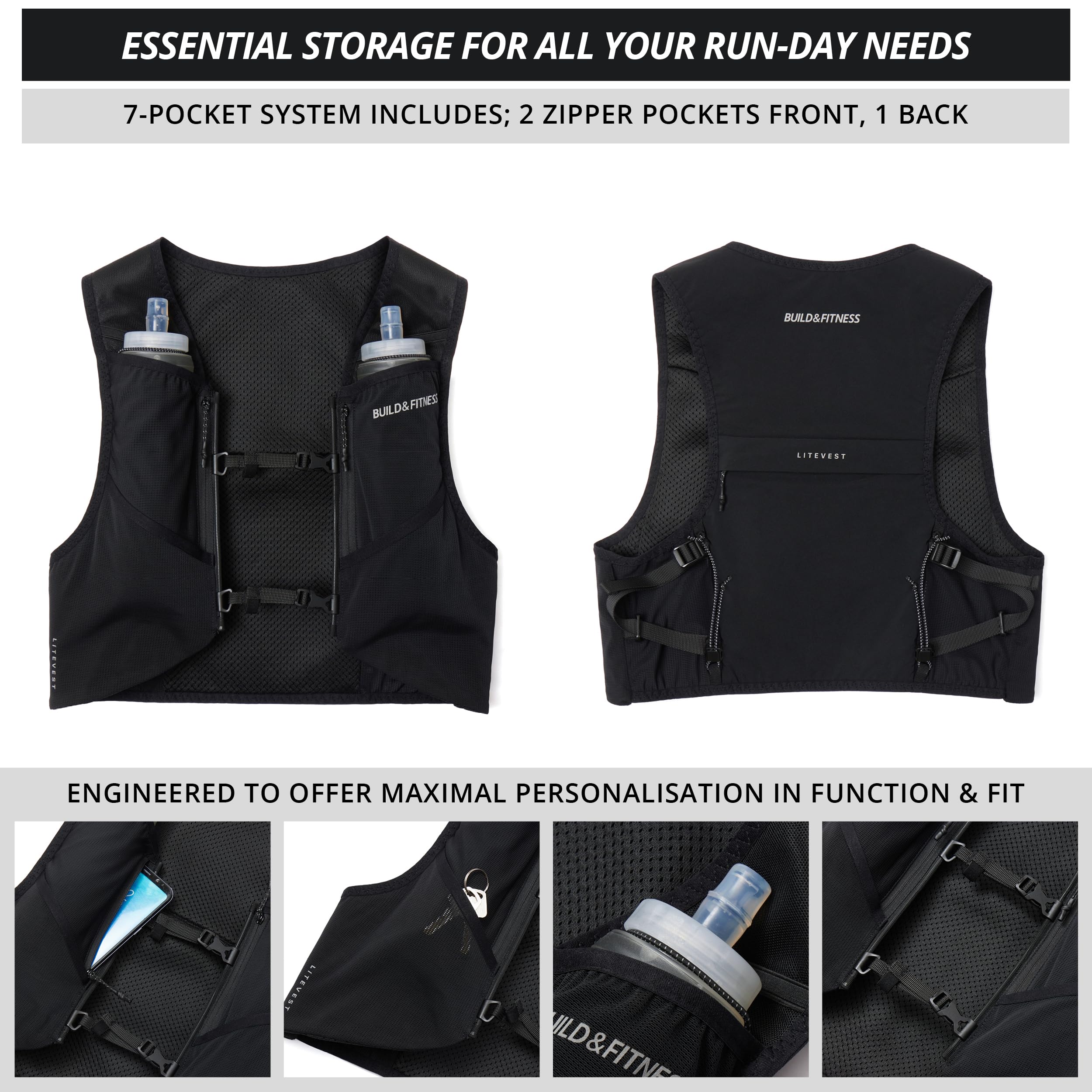 Gilet di idratazione LITEVEST Build & Fitness con 2 borracce morbide da 500 ml – 7 tasche, traspirante, comodo, sicuro ed elegante per trail running, maratone e corse quotidiane