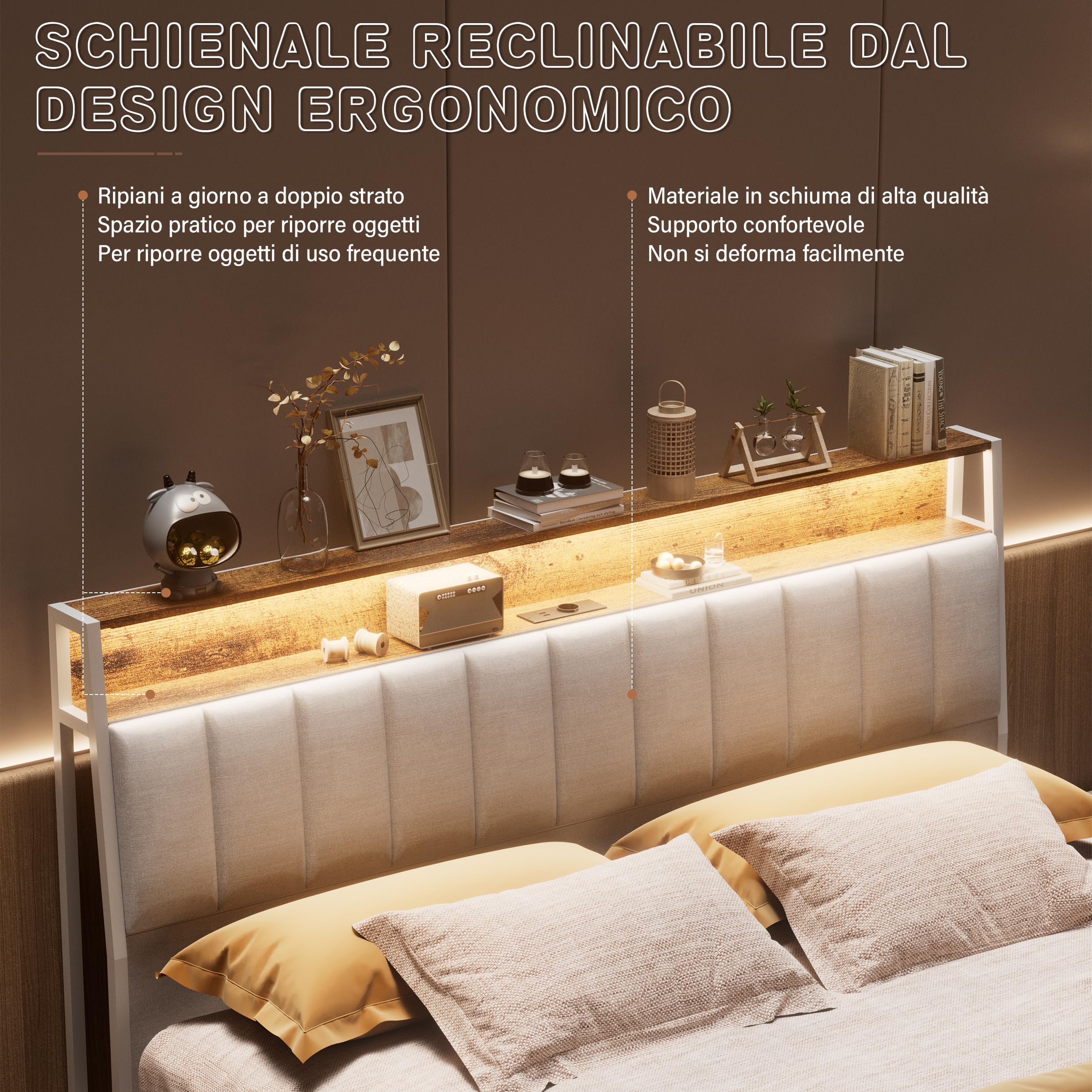 DEWINNER 160x200 Struttura Letto Con Illuminazione A LED, Letto Matrimoniale Con Testiera Contenitiva, Dotata Di Prese Multiple (1 Presa CA, 2 Porte USB), Struttura Robusta, Tessuto Di Lino Bianco