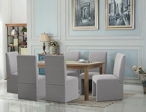 Miniatura 14 de Juego de 8 sillas de comedor tapizadas modernas para cocina y comedor, sillas de comedor de tela de lino con marco de madera, color gris