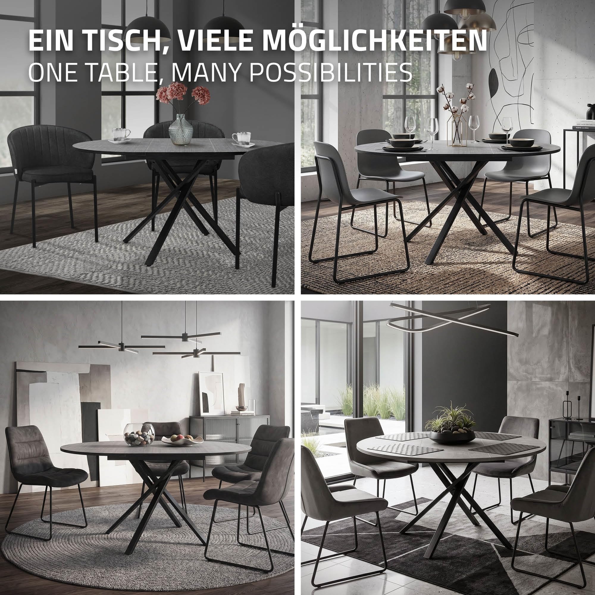 ML-Design Table de Salle à Manger Ronde Extensible pour 4-6 Personnes, Table de Cuisine avec Rallonge en MDF, en Gris Chiné, 100-140 x 76 x 100 cm, Pieds en Acier Forme-X, Meuble Moderne pour Salon
