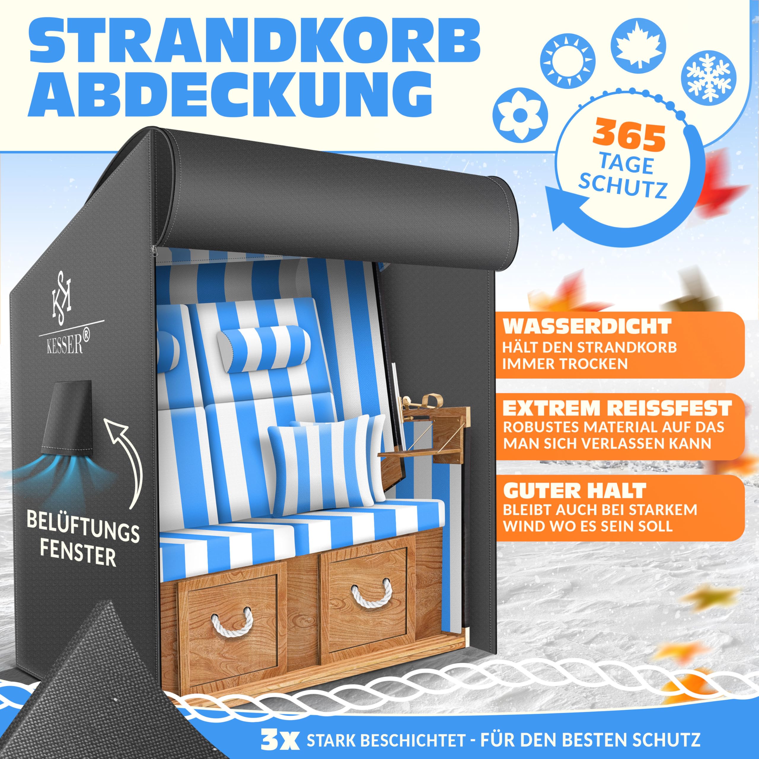 KESSER® Housse de protection pour fauteuil-cabine de plage de qualité supérieure avec ouvertures d'aération, housse de chaise de plage imperméable, résistante à l'hiver, résistante aux UV, charge