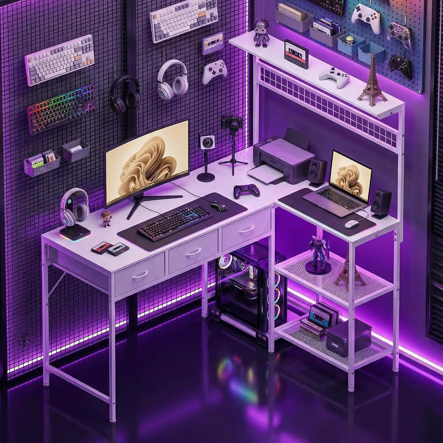 L Shaped Desk with 3 Drawers and Storage Shelves, Reversible Computer Desk with Bookshelf for Home Office, Corner Computer Desk with LED Lights, Power Outlets and Storage Bad,with 3-Tier Storage Shelf