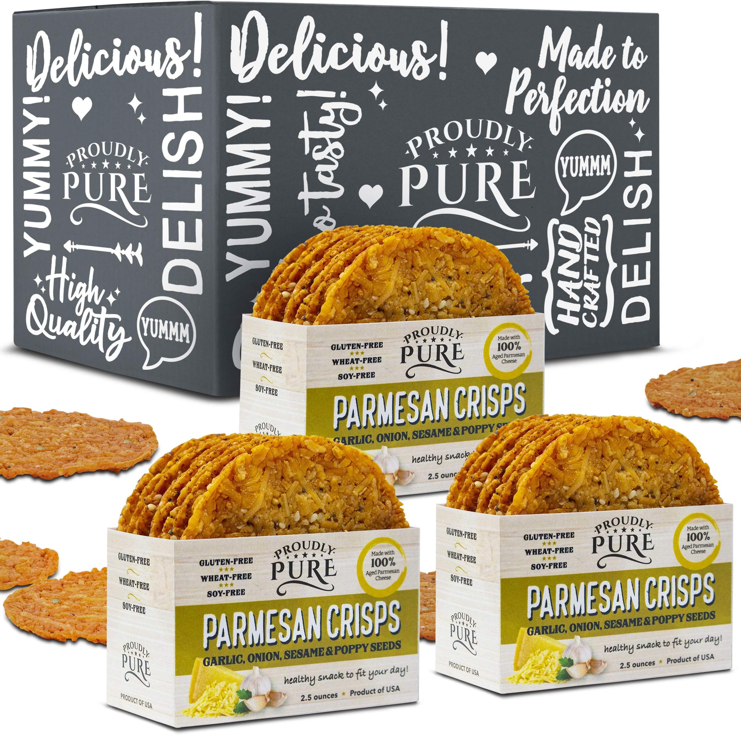 Proudly Pure Parmesan Cheese Crisps - Keto Snacks Zero Carb Crunchy Delicious Healthy 100% Natural Aged Cheesy Parm Chips Wheat & Gluten Free Keto Crackers Snack(Onion/Poppy/Garlic, 3 Pack)