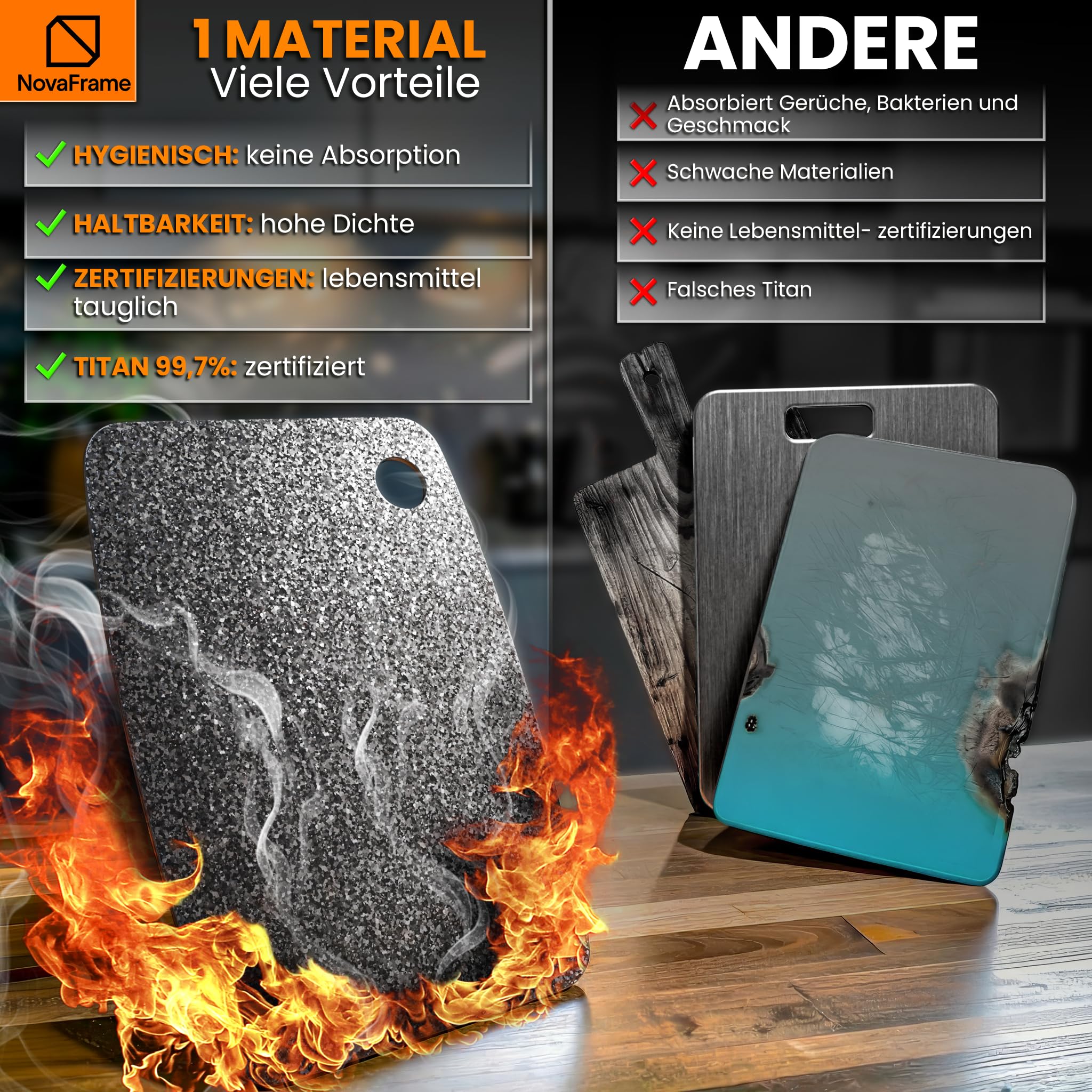 Titan Schneidebrett 100% Reintitan 40x30cm – Schneidebrett Titan Doppelseitig & Antibakteriell – Titan-Schneidebrett cm Ultrarobust, Hygienisch – Schneidebretter Titan Küche