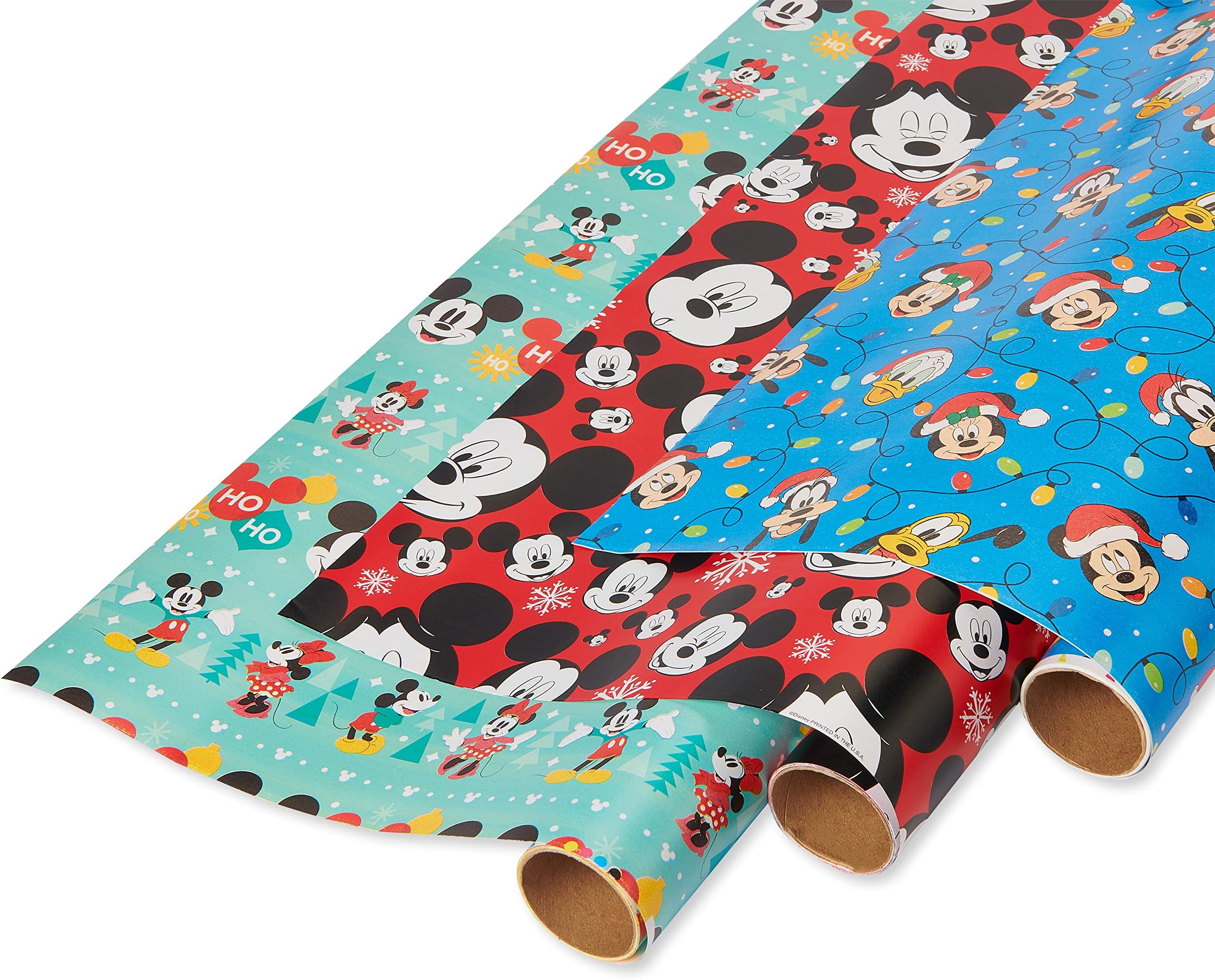 American Greetings Disney Christmas Wrapping Paper with Cut Lines Bundle, Mickey Mouse (3 Rolls, 105 sq. ft.)