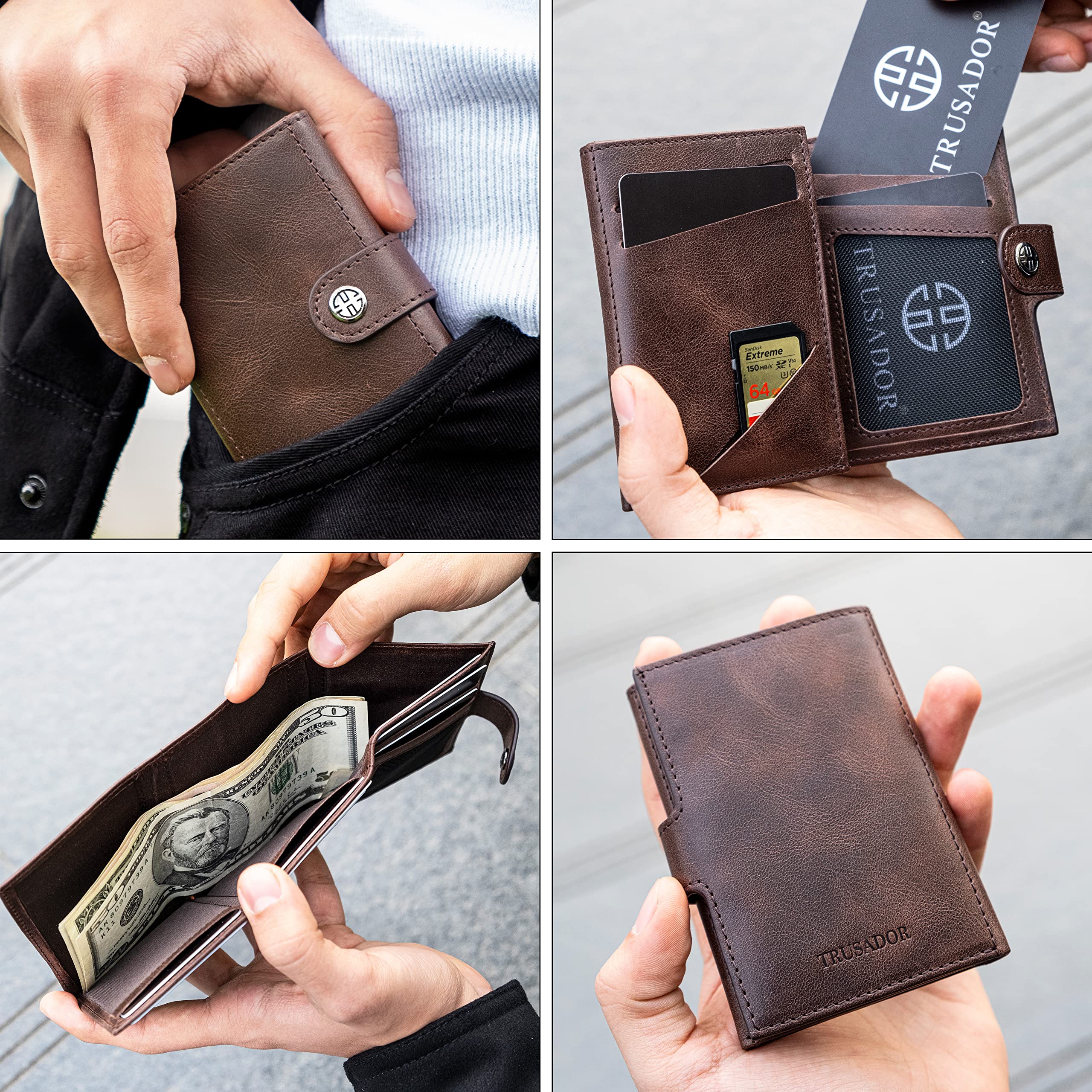 TRUSADOR Venice Men & Women Leather Trifold Wallets RFID Blocking Front Pocket Wallet (Brown Vintage, Card Holder)
