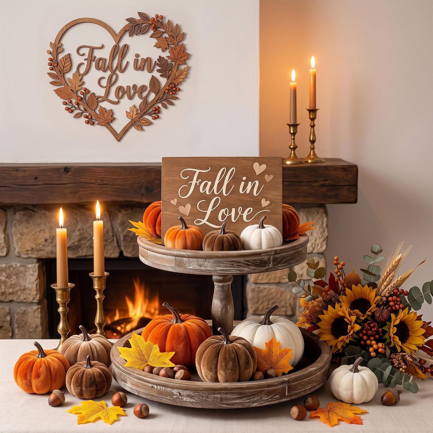 27Pcs Artificial Velvet Pumpkins Maple Leaves Acorns Fall Decor