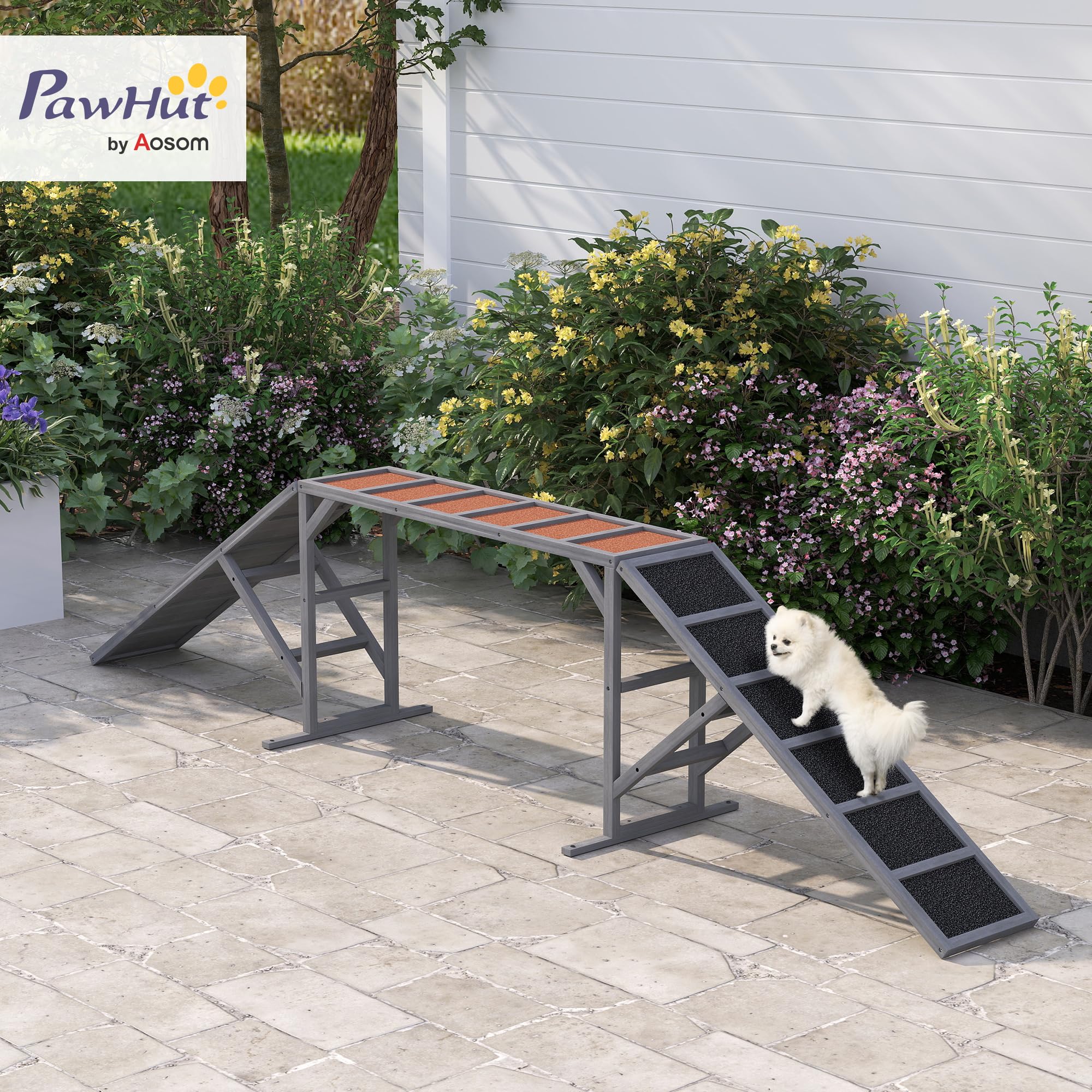 PawHut Equipo de Agilidad para Perros rampa de Madera Antideslizante Gris | Barra de seguridad, pista de obstáculos para mascotas, para parque y jardín, entrenamiento de caminata y pausa