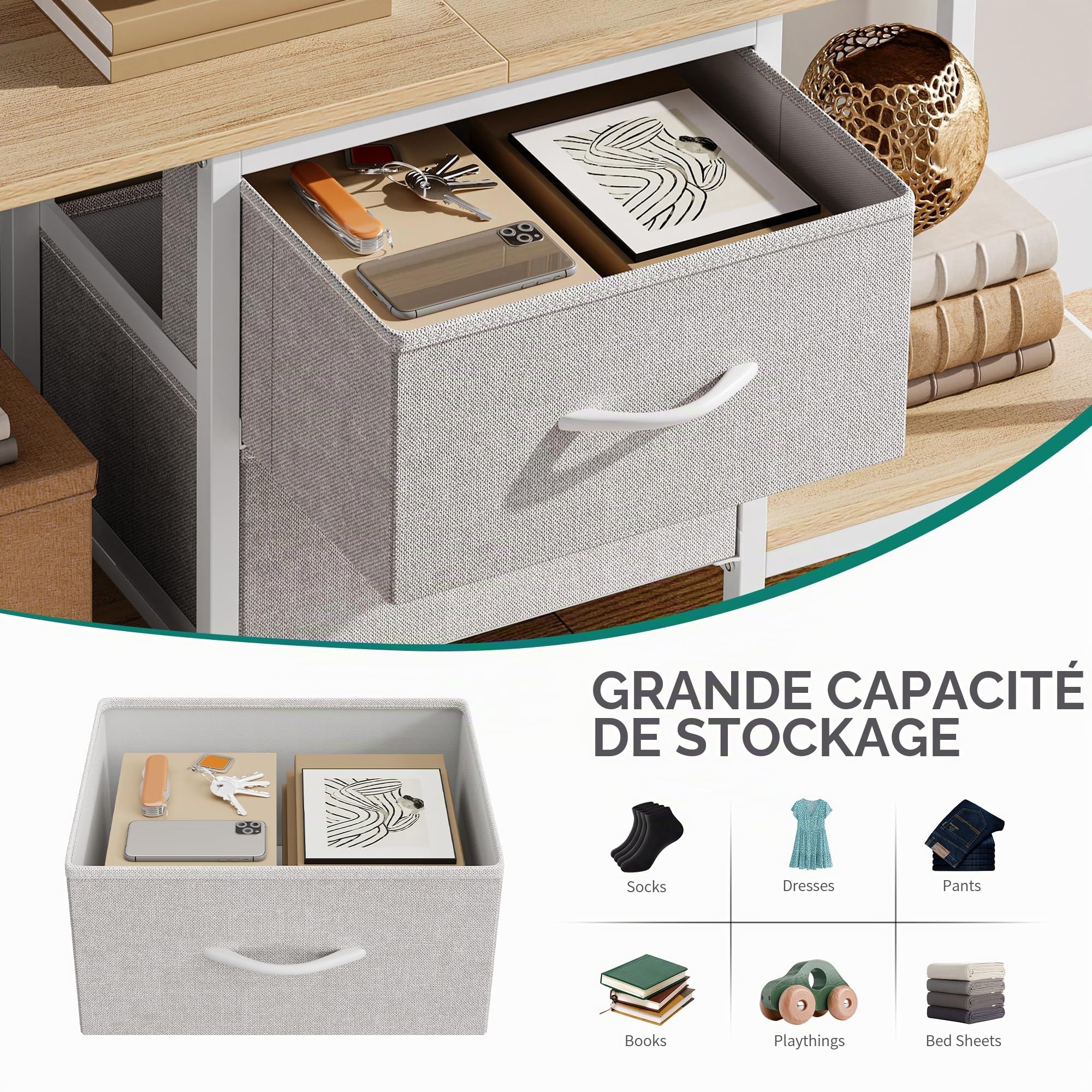 YITAHOME Meuble TV jusqu'à 47", Meuble TV avec 2 tiroirs en Tissu et 2 étagères Ouvertes, Commode 110 x 30 x 50 cm pour Salon, Salle de Divertissement, Chambre à Coucher, Cadre en Acier