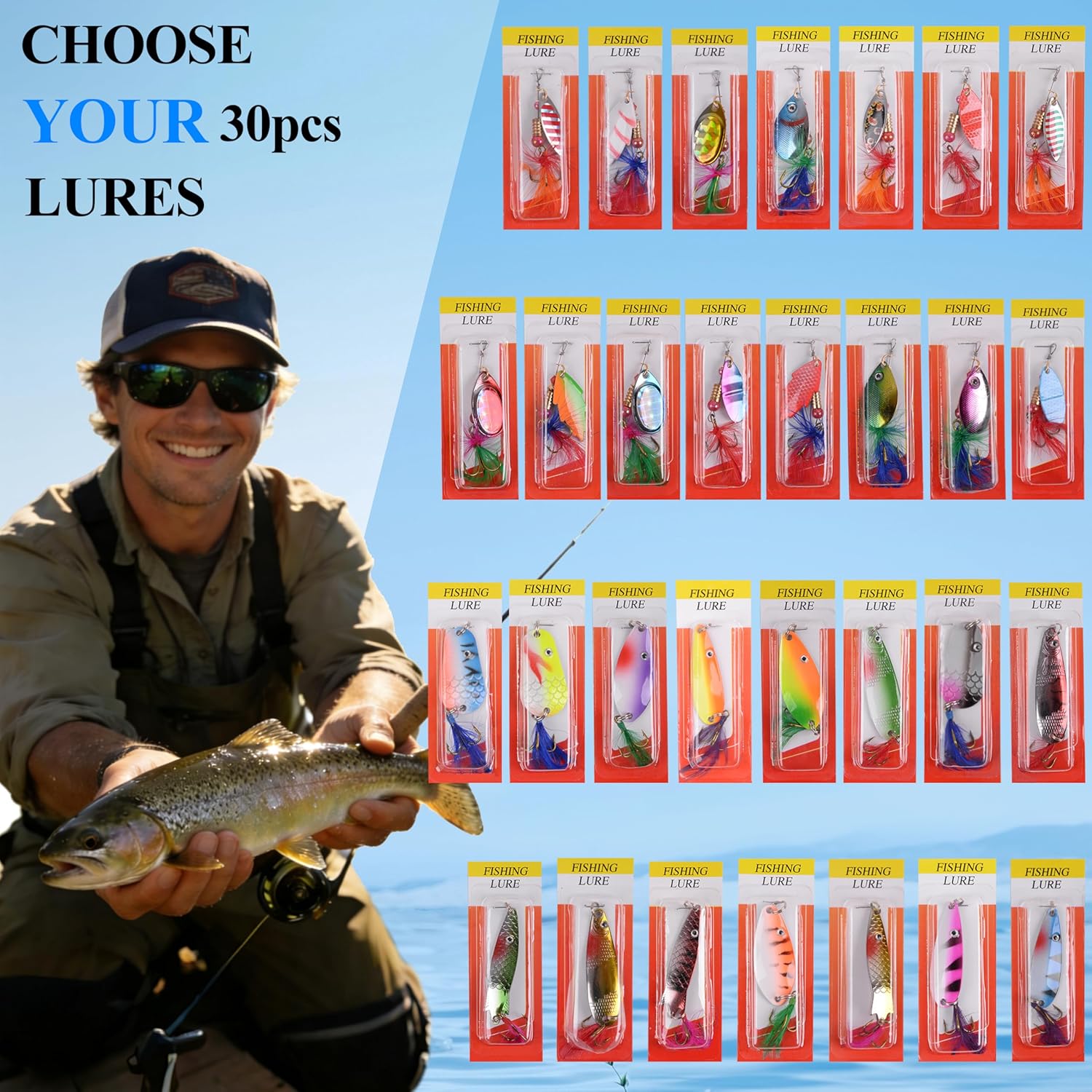 Rooster Bait Tail Fishing Lures Kit, 30pcs Spinner Baits Trout Lures Kit Metal Spoons with Feathered Treble Hooks Inline Spinnerbaits for Bass Trout Walleye Freshwater Saltwater