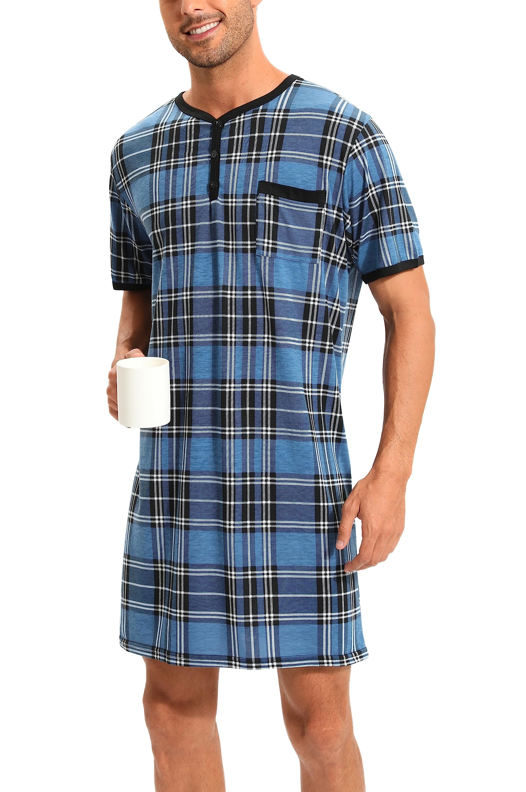 Chemise de Nuit Homme Pyjama Manches Courtes Hauts de Pyjama Homme Tee-Shirt Long Col Rond avec Boutons Vêtements d'Intérieur T-Shirt Grande Taille Douce Confortable