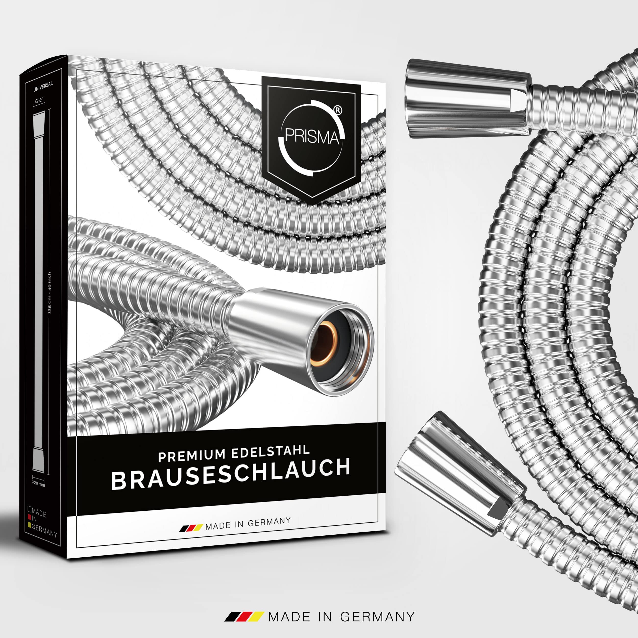 PRISMA Wąż prysznicowy 125 cm ze stali nierdzewnej z podwójną ochroną przed skręcaniem, wąż prysznicowy Made in Germany - bardzo elastyczny, odporny na skręcanie, z zabezpieczeniem przed zagięciem,