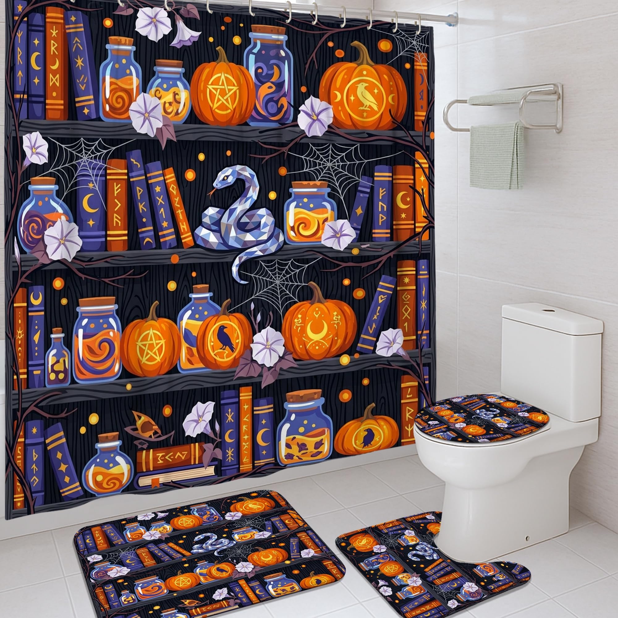 Rideau de douche orange en polyester lavable et imperméable motif citrouilles