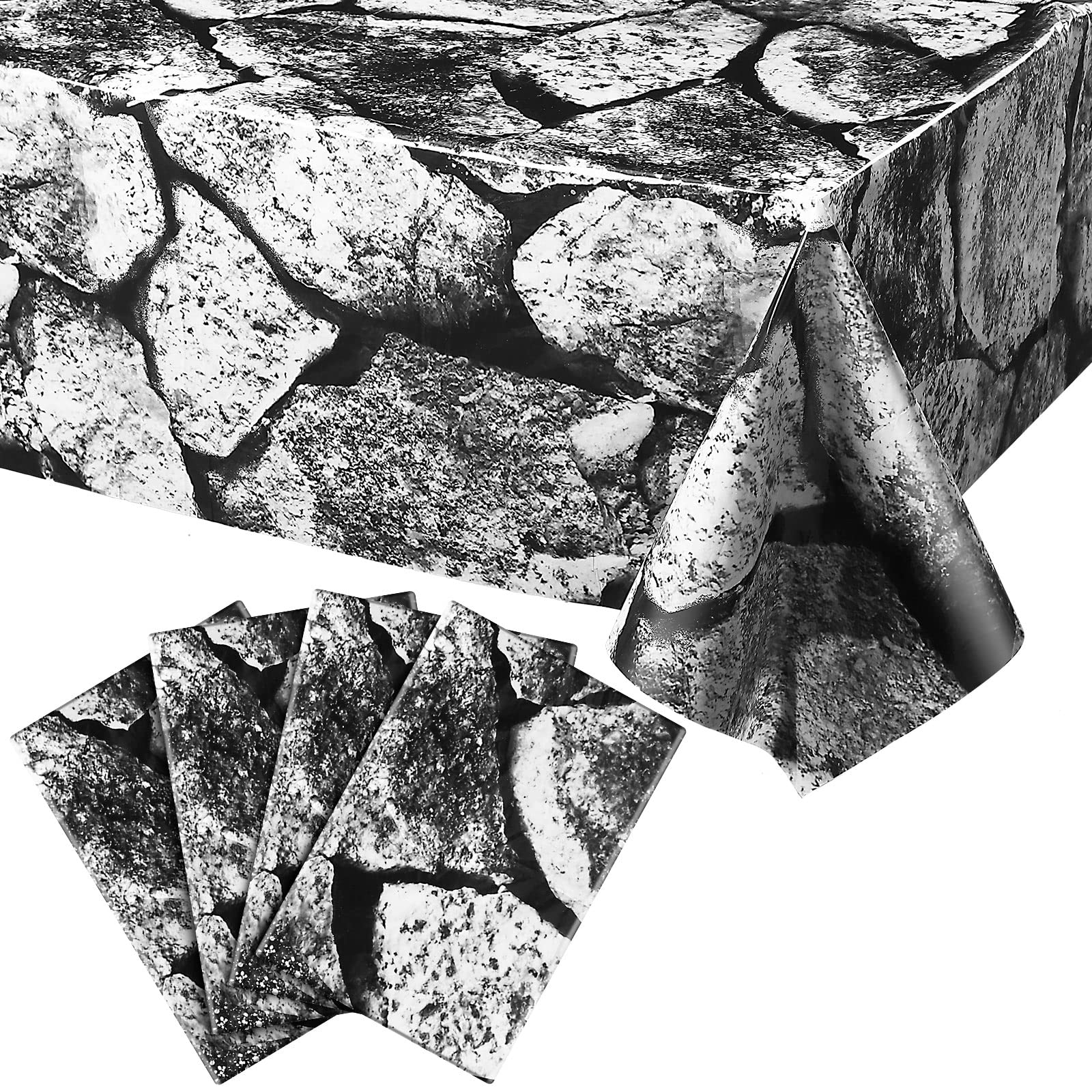 Patelai 4 Pieces Stone Wall Tablecloths Halloween Table Covers Disposable Plastic Tablecloths 108 x 54 Inch Medieval Party Decorations Brick Pattern Table Cloth Stone Table Decor for Theme Party