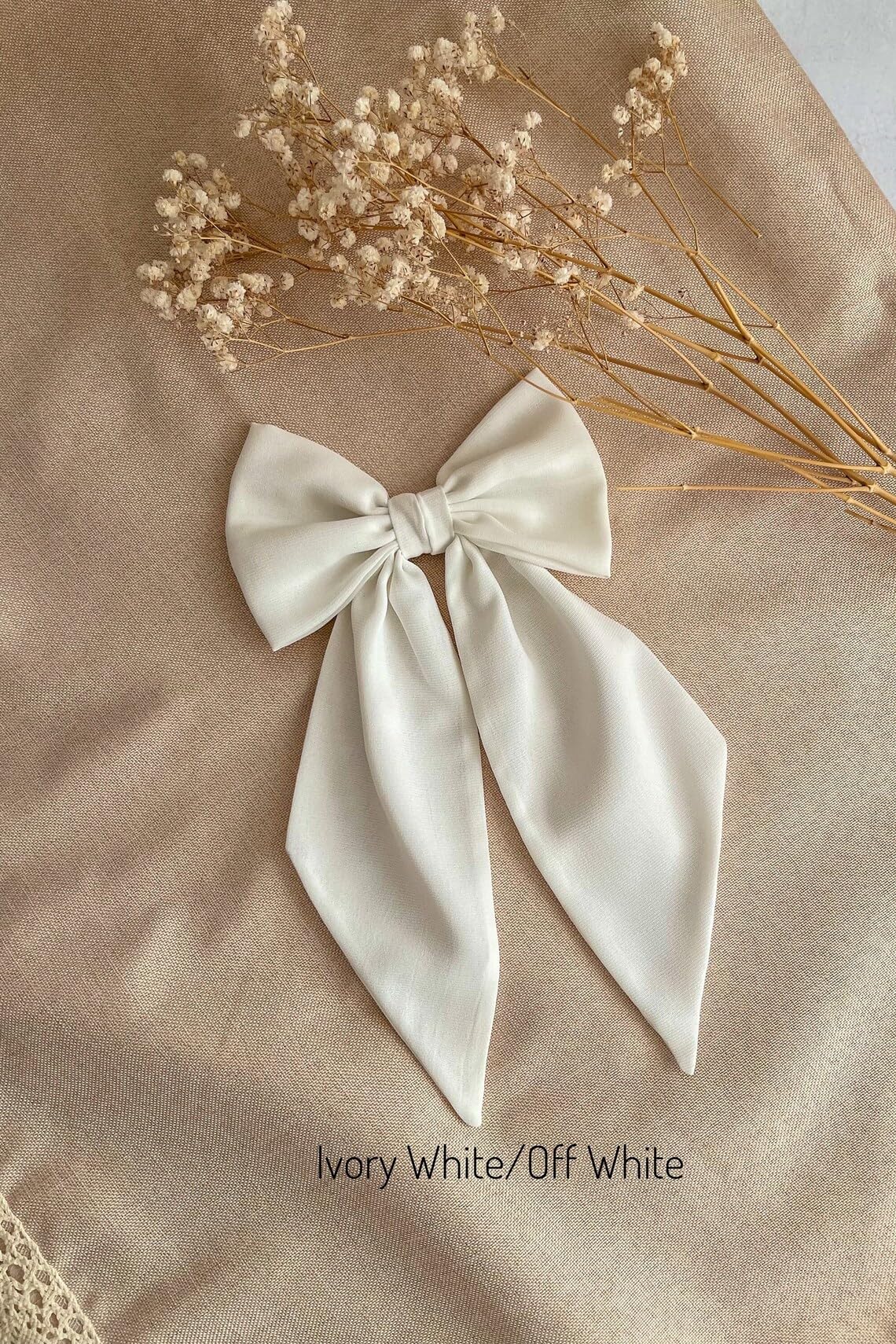 Big Satin Layer Long Bow Hair Clips French Style Soild Color Knotted Bowknot Snap Hairclip With Long Ribbon Hairclip For Women Girls (OFF WHITE)(Pk of 1)-image-16