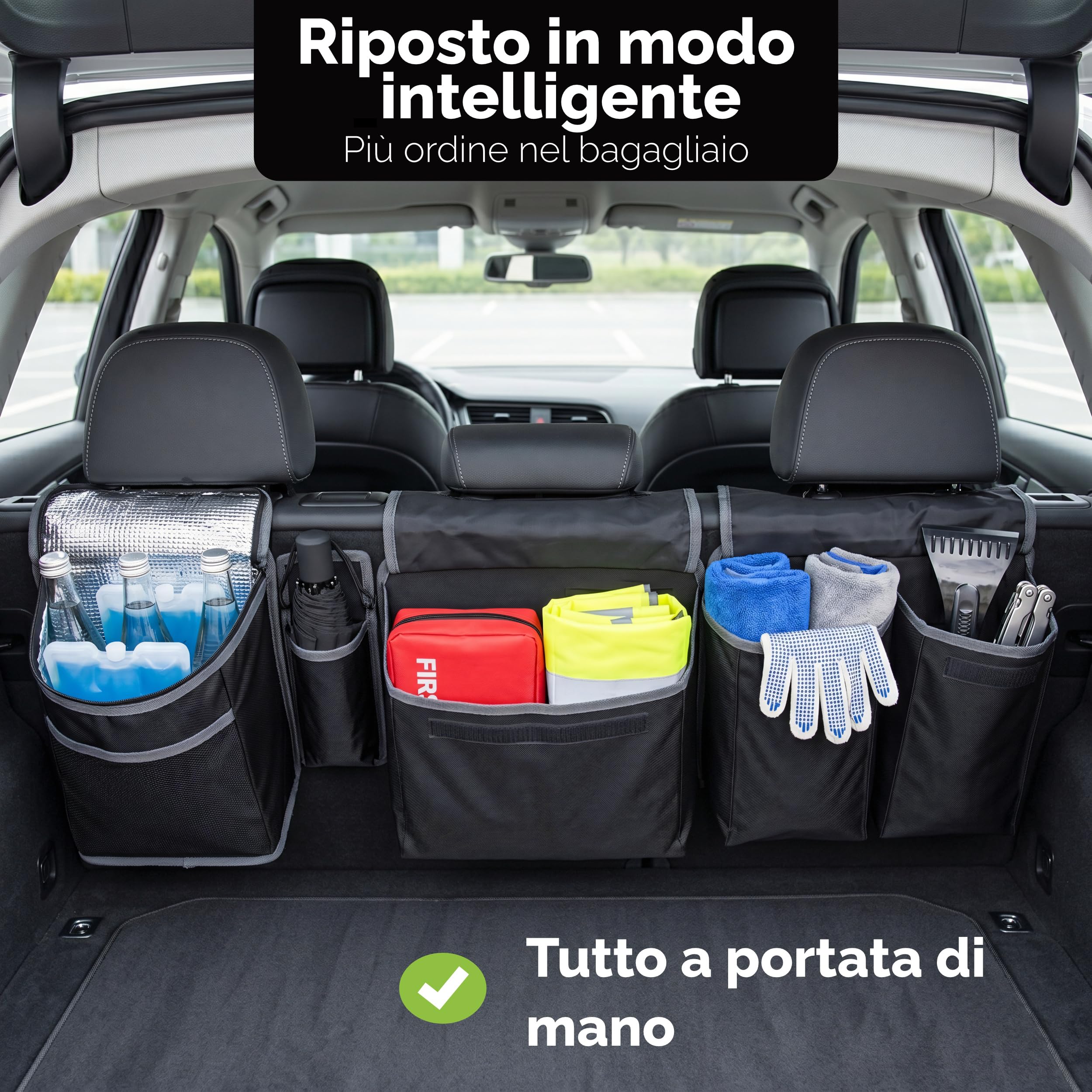 Vicera Organizer per bagagliaio con velcro – Grande tasca per bagagliaio Auto Organizer per SUV, station wagon, autobus, furgoni, auto grandi con moduli divisibili - Organizer per bagagliaio auto con