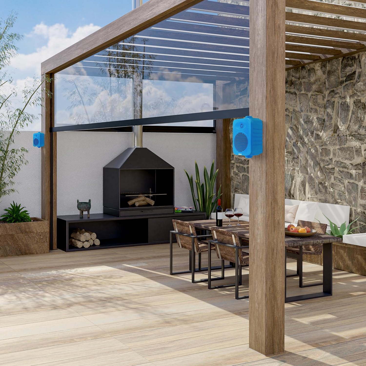 Pyle 300 Watt Bluetooth Indoor Outdoor Speakers Pair - Dual Waterproof 4” 2-Way Full Range Speaker System w/ 1/2” High Compliance Polymer Tweeter | Home, Boat, Marine, Deck, Patio, Poolside (Blue) - Image 7