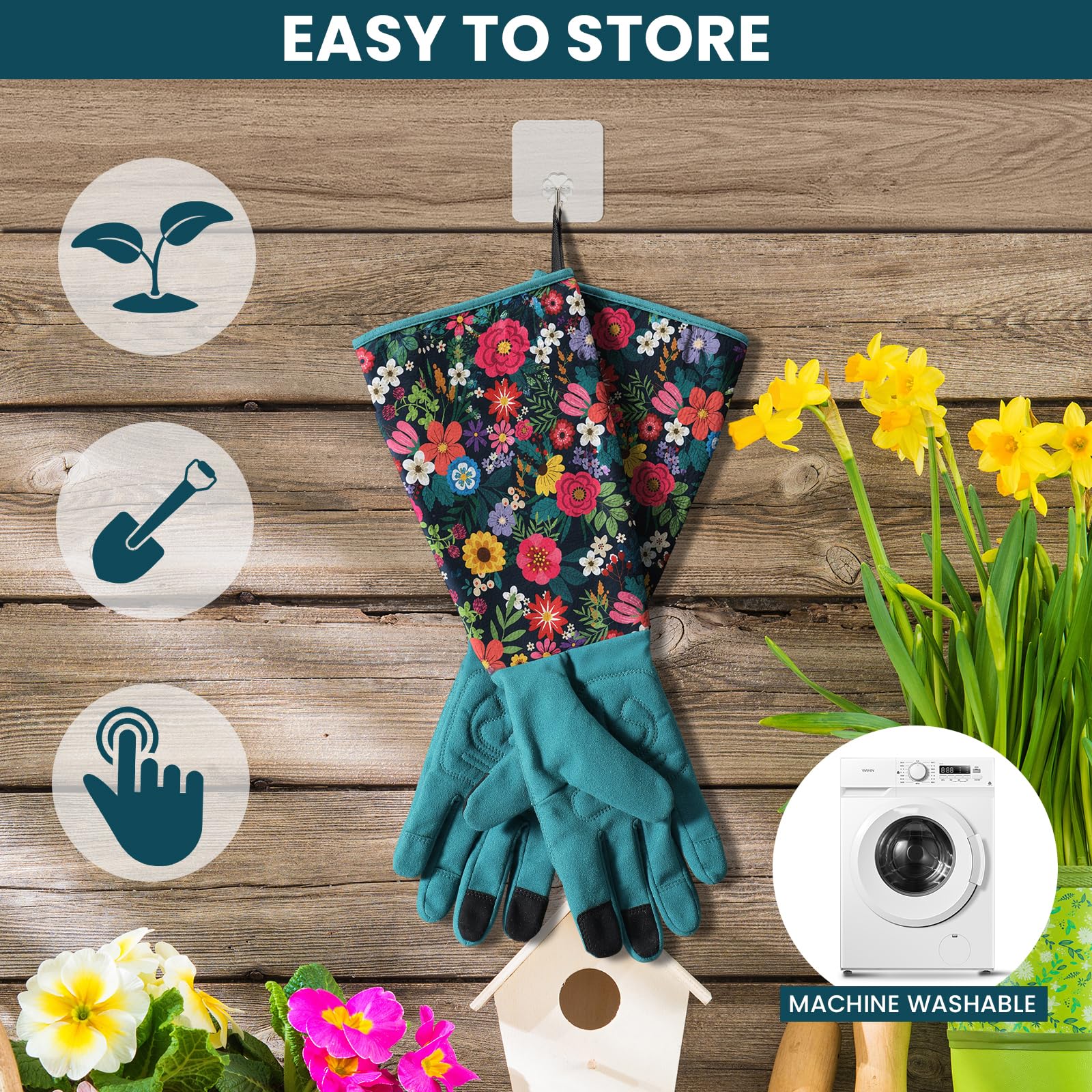 Gants de jardinage pour femme – Gants de jardin longs respirants avec poignée, gants de travail en cuir résistant aux perforations pour la cour et le travail en plein air, gants de protection pour
