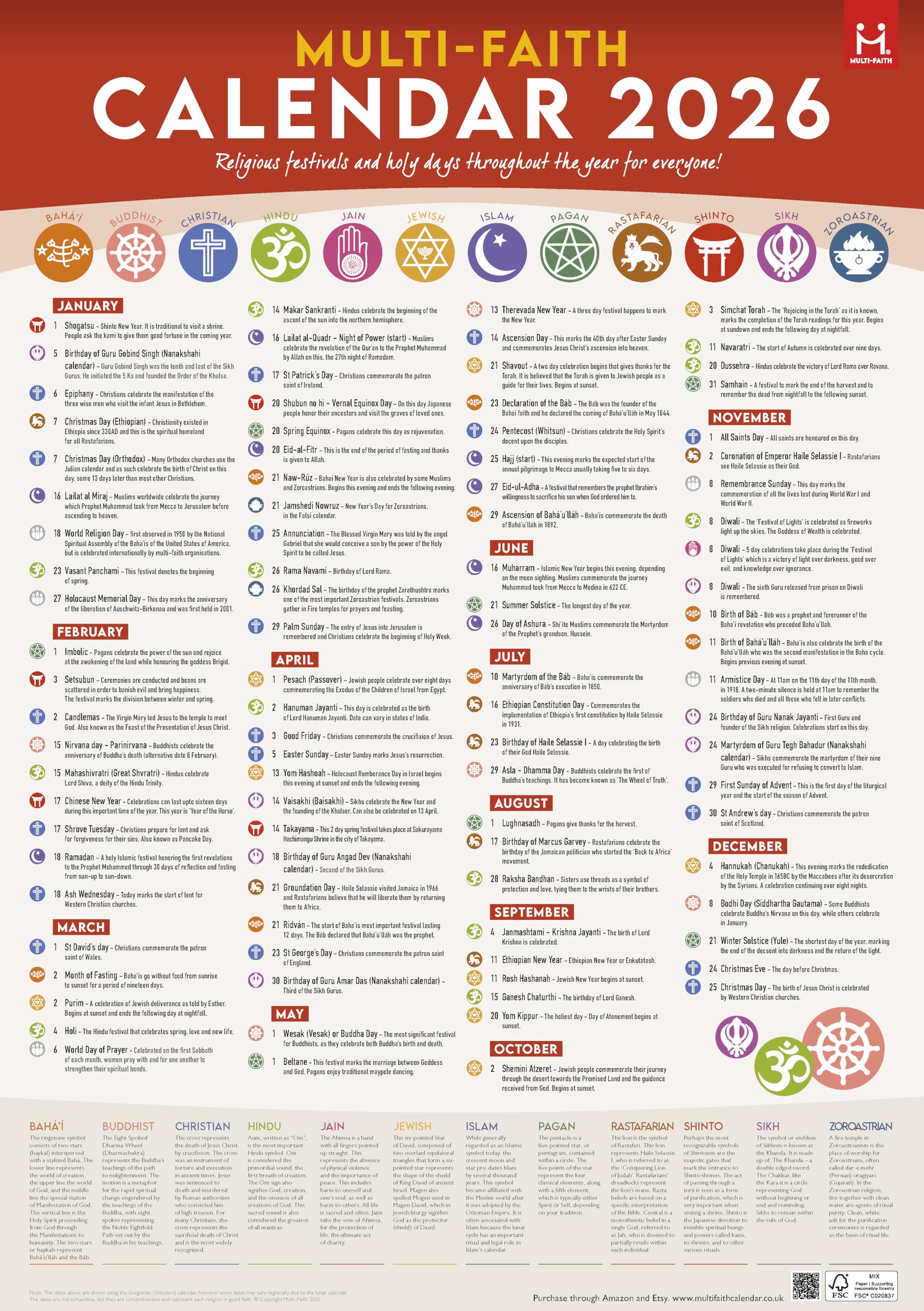 2026 Multi-Faith Calendar. Popular A2 poster. Religious festivals and holy days are described throughout the year, making this a useful resource for those looking to promote faith and diversity.