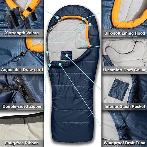 Miniatura 6 de Azitrek Saco de dormir de mamá de 0 grados para adultos para campamento  XXL grande y alto 3-4 estaciones cálido fresco  Saco de dormir de invierno