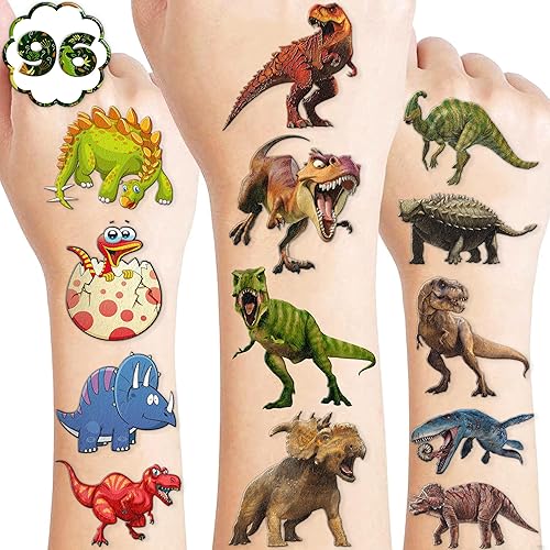 Tatuajes temporales de dinosaurios, suministros de fiesta temática de cumpleaños, 8 hojas, 96 unidades, calcomanías de decoración, tatuajes para