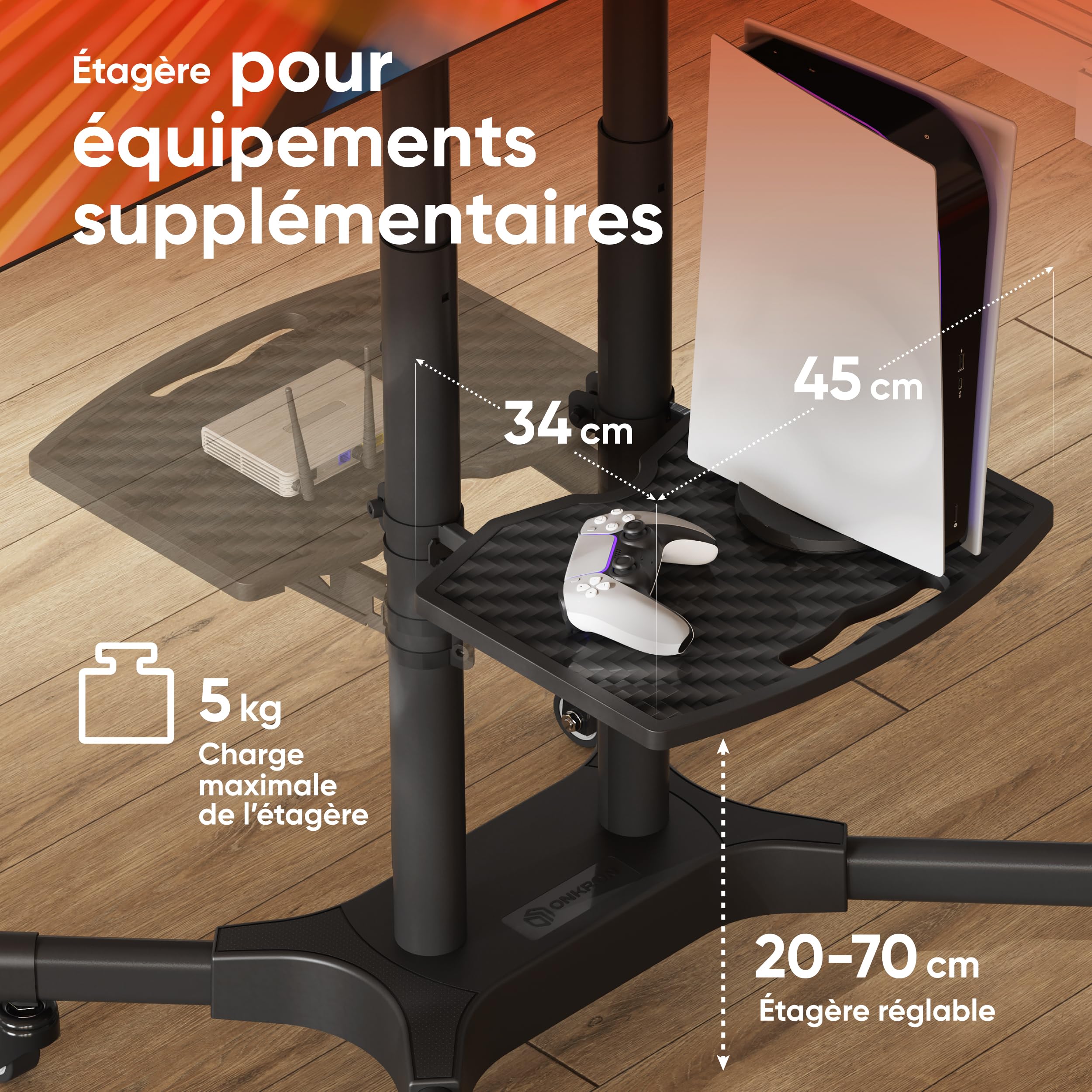 ONKRON Support TV roulettes pour 32-65 Pouces Charge Max 50 kg, Support TV sur Pied avec roulettes VESA 100x100-600x400, Chariot Television Hauteur Réglable, Chariot Télé Roulant Noir TS1351-B