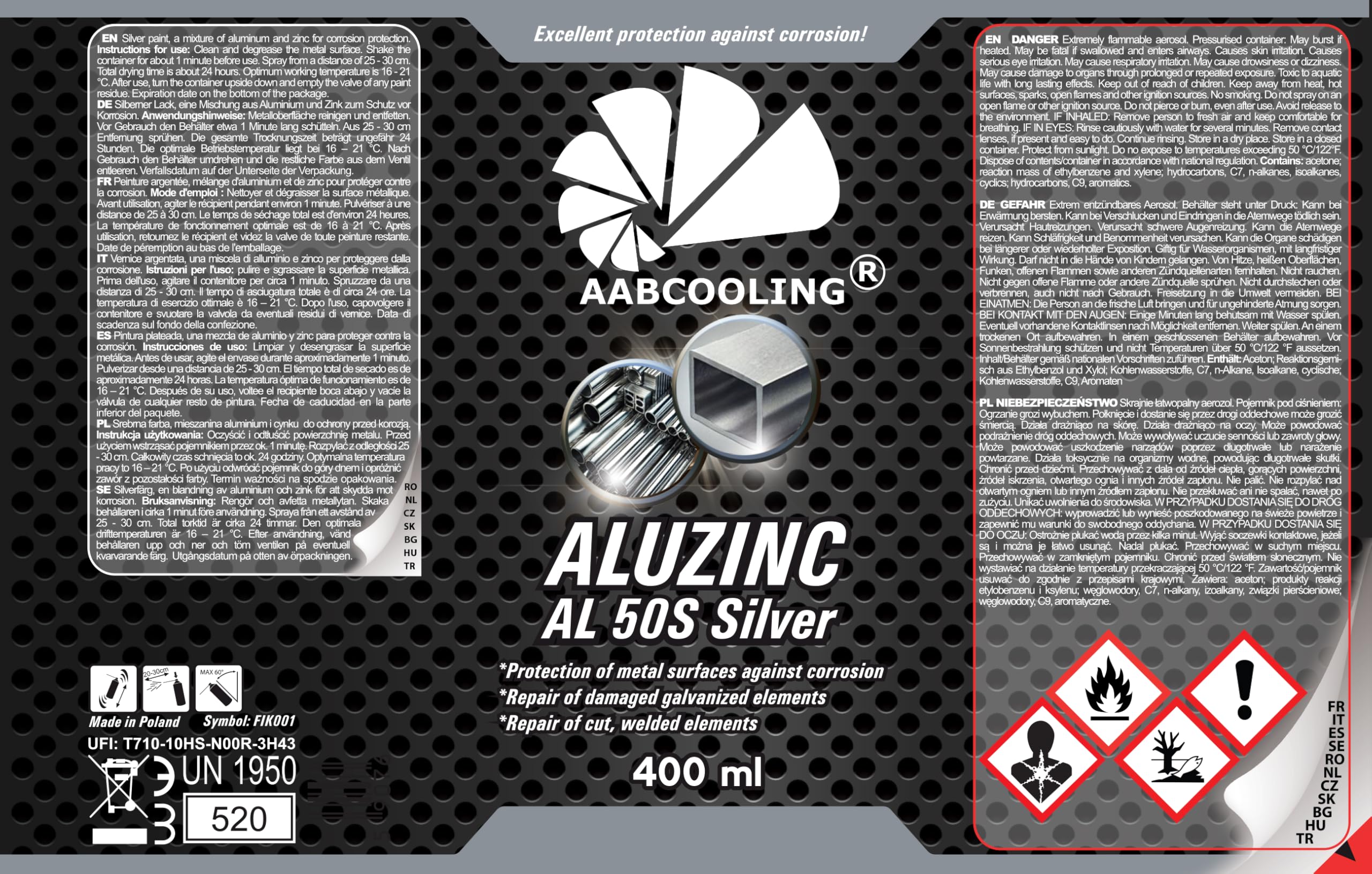 AABCOOLING 1x Alucynk AL 50S Srebrny 400ml Farba do Metalu, Cynk Ocynk Aluminium, Antykorozyjna w Sprayu, Ochronno-Dekoracyjna, Podkładowa, Szybkoschnąca, na Rdzę, do Stali i Żeliwa, Wysoka Jakość K3
