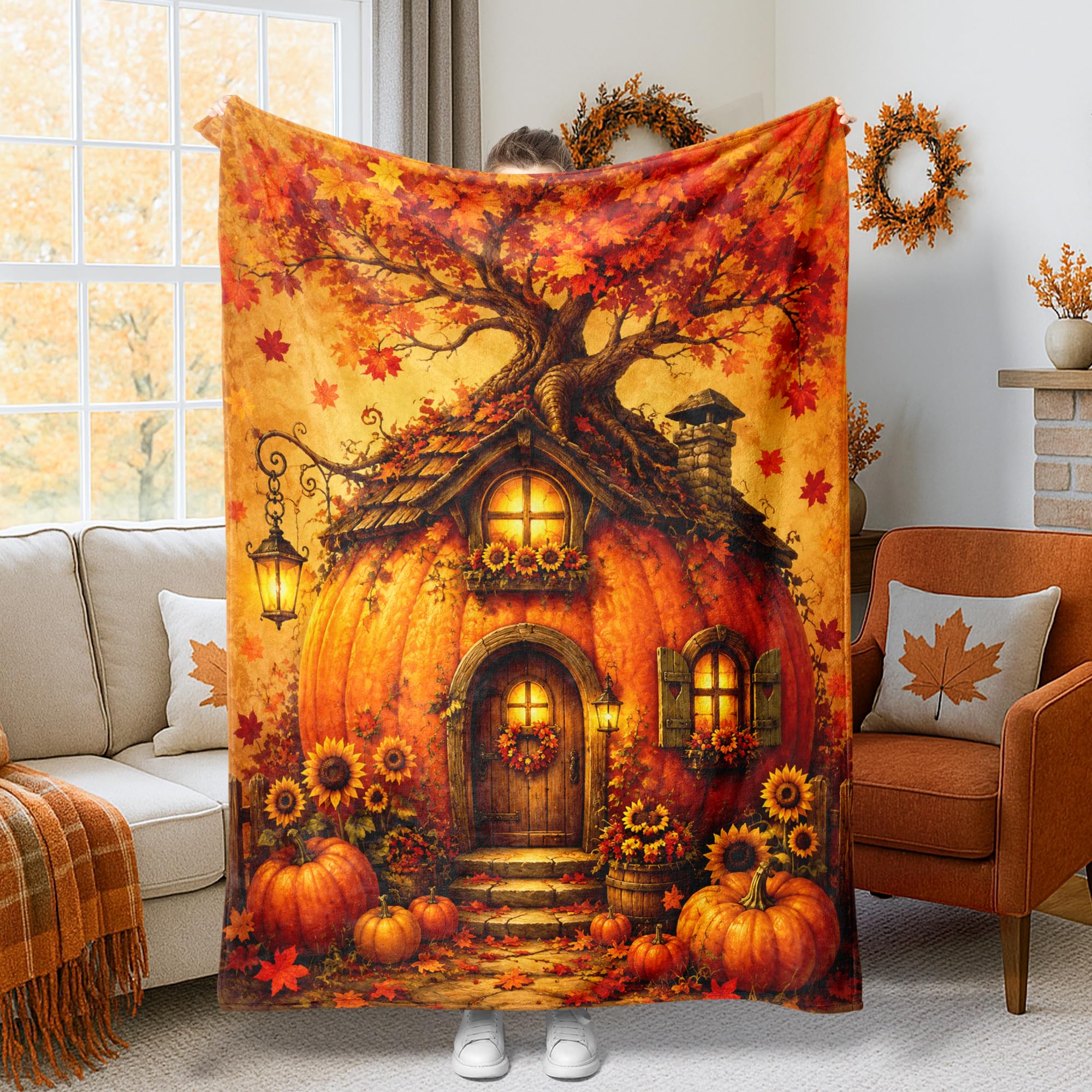 Couverture citrouille en peluche compacte haut de gamme et jeté de lit orange 152x203