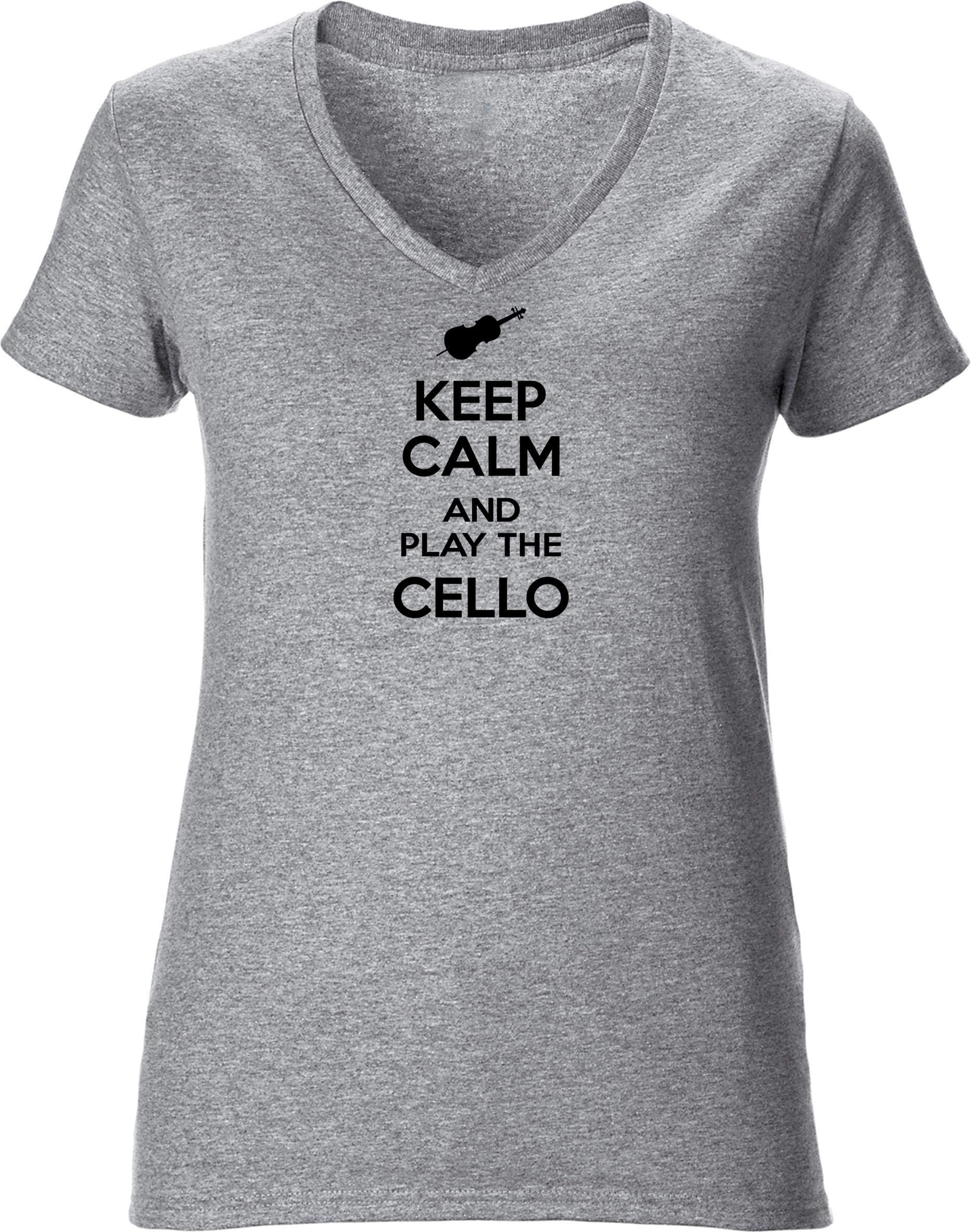 Keep Calm and Play The Cello Womens V-Neck Short Sleeve t-Shirt (Specific Size Guide in Description)