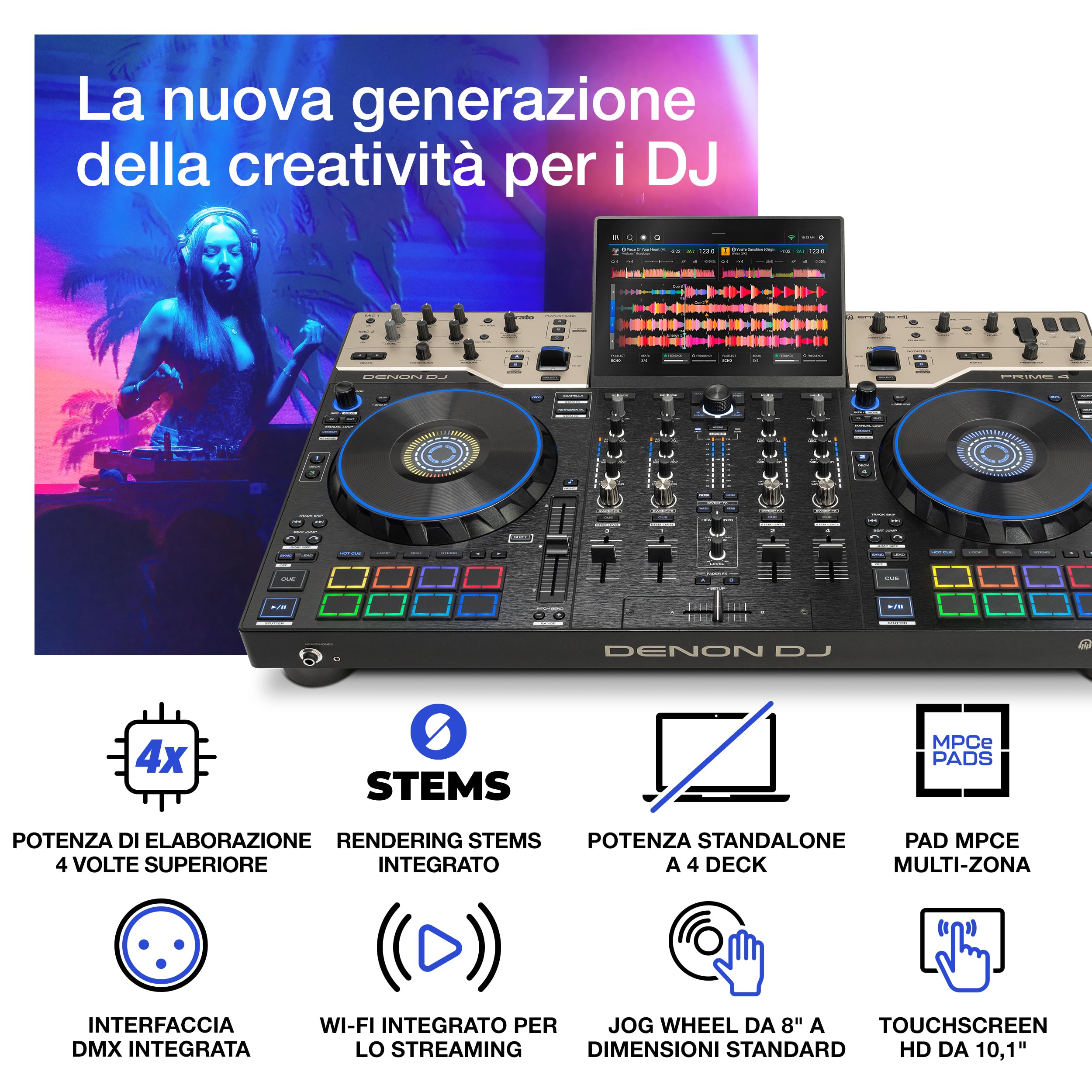 Denon DJ PRIME 4 G2 Console DJ Standalone con Rendering Stems integrato