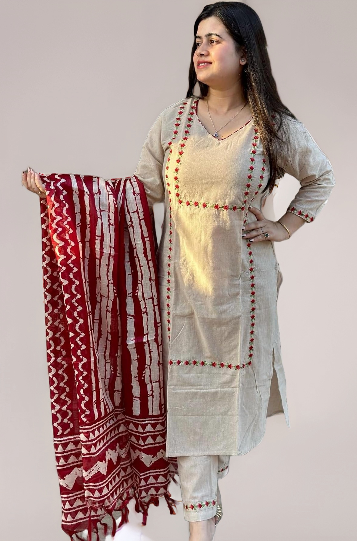 GoSriKi Women's Cotton Blend Straight Embroidered Kurta with Pant & Dupatta