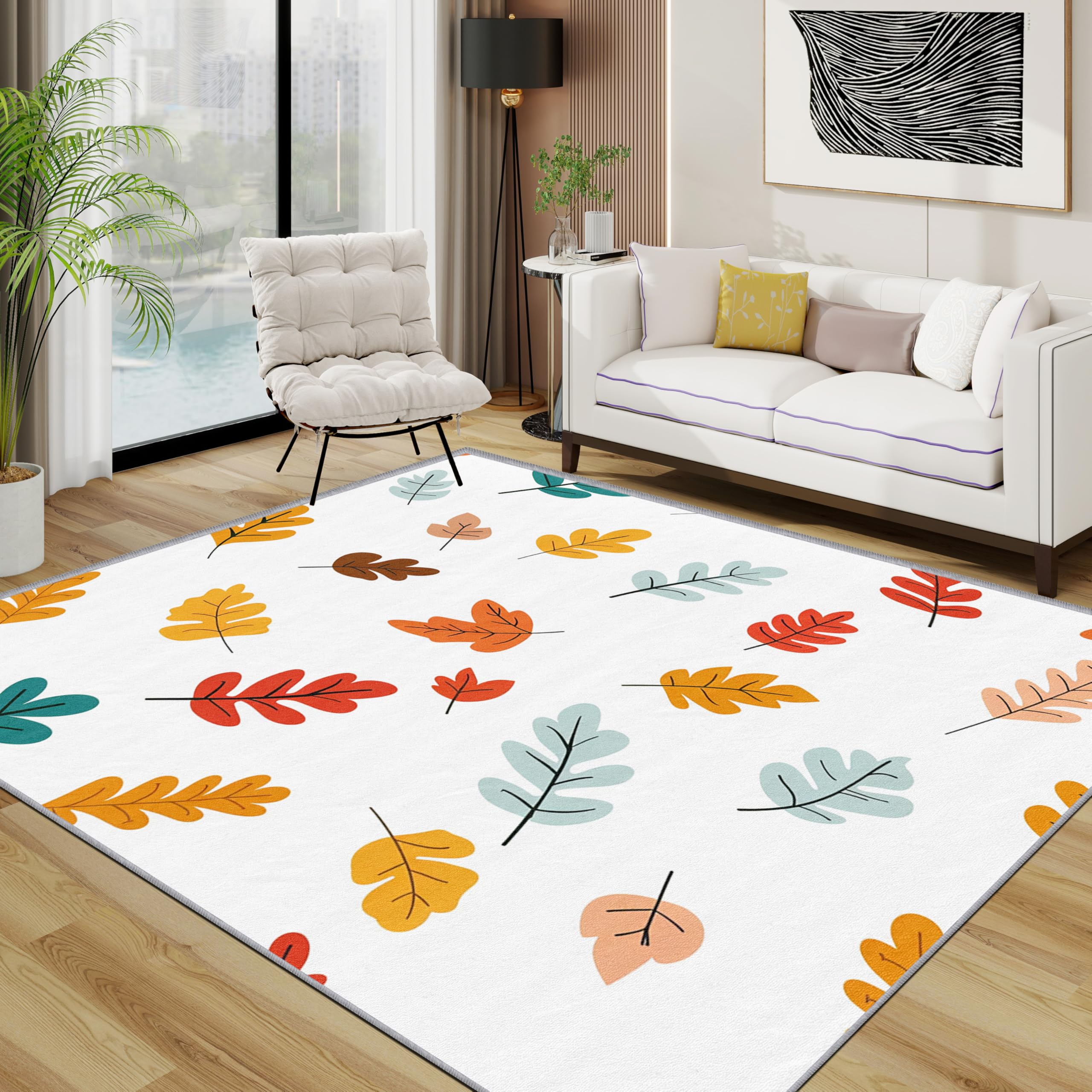 Leaf Area Rugs for Living Room 80x150 - Colourful Autumn Leaves Rug for Bedroom, Nature Simple Botanical Non Slip Washable Short Pile Carpet, Leaf Room Decor
