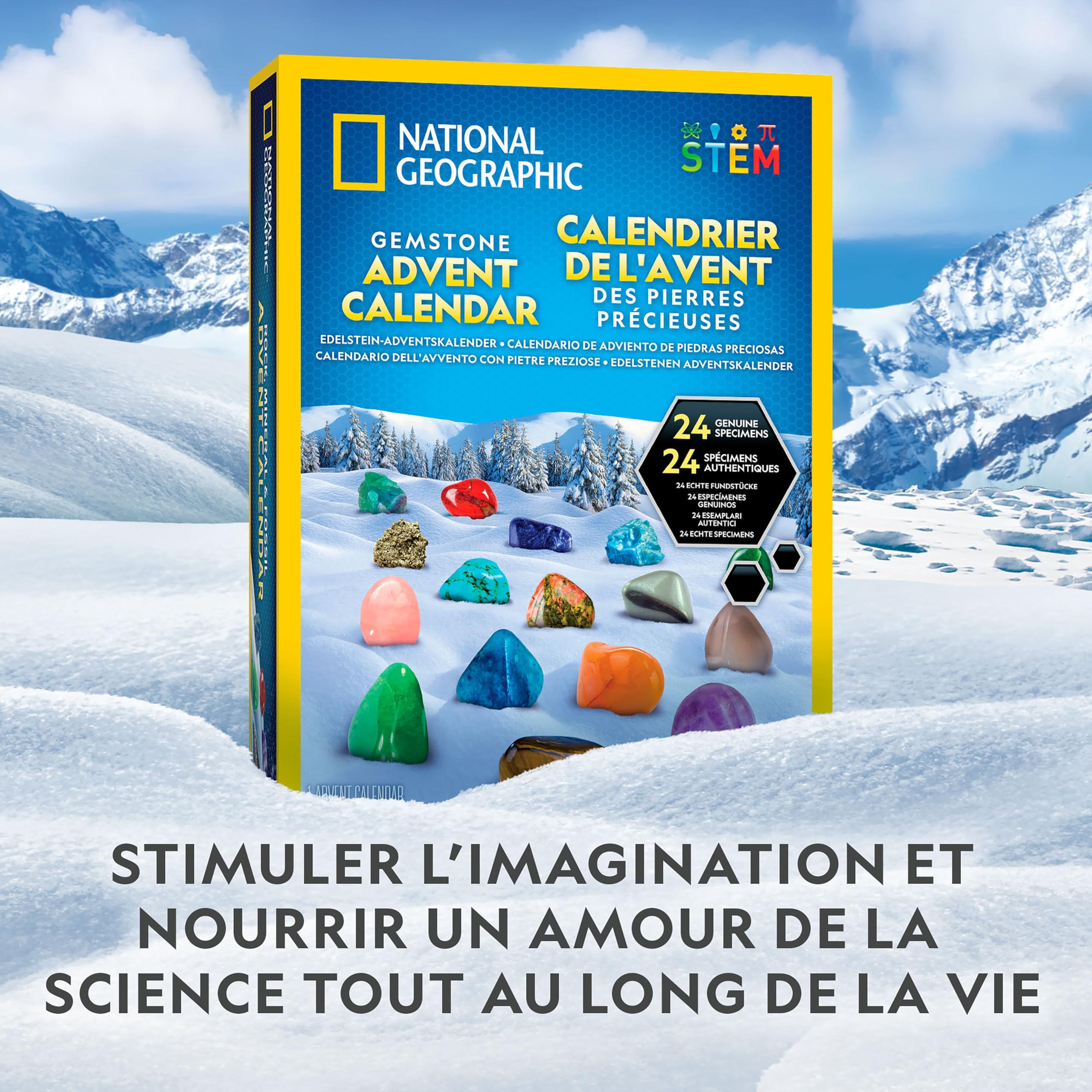 NATIONAL GEOGRAPHIC Calendrier de l'Avent Gemmes 2025 - 24 Gemmes à Découvrir, Collection de Roches Complète avec Mini Kit de Fouille