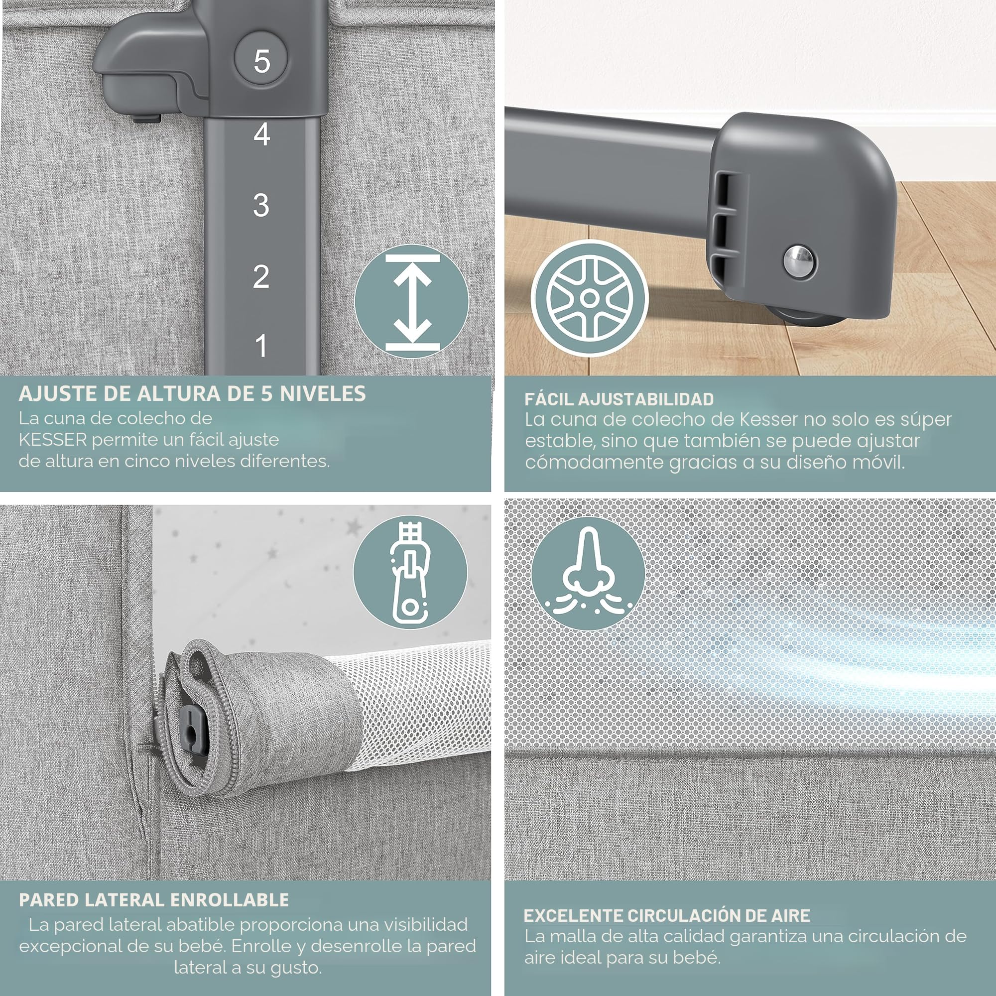 KESSER® Cama supletoria Hubi 3en1, colecho para bebé con colchón Blando, Cuna - con Ruedas, Ajuste de Altura en 5 Posiciones, Panel Lateral Plegable, para en casa y de Viaje, Gris Claro