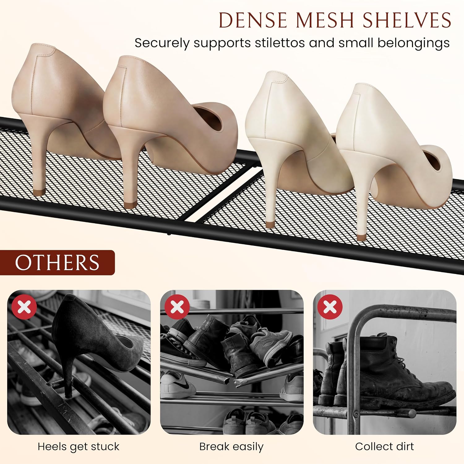 Wooden 4-Tier Shoe Rack, Free Standing Shoe Storage Organizer with Wood Legs and Metal Mesh Shelves, Shoe Shelf for Entryway, Closet, Hallway