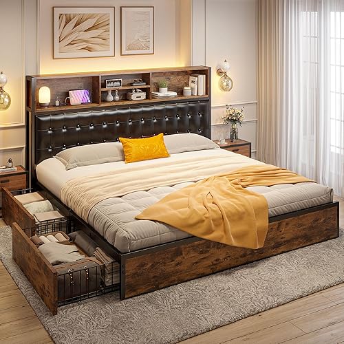 Miniatura 6 de EnHomee Base de cama Queen con 4 cajones de almacenamiento, marco de cama tamaño Queen con cabecera tapizada y estación de carga integrada, sin