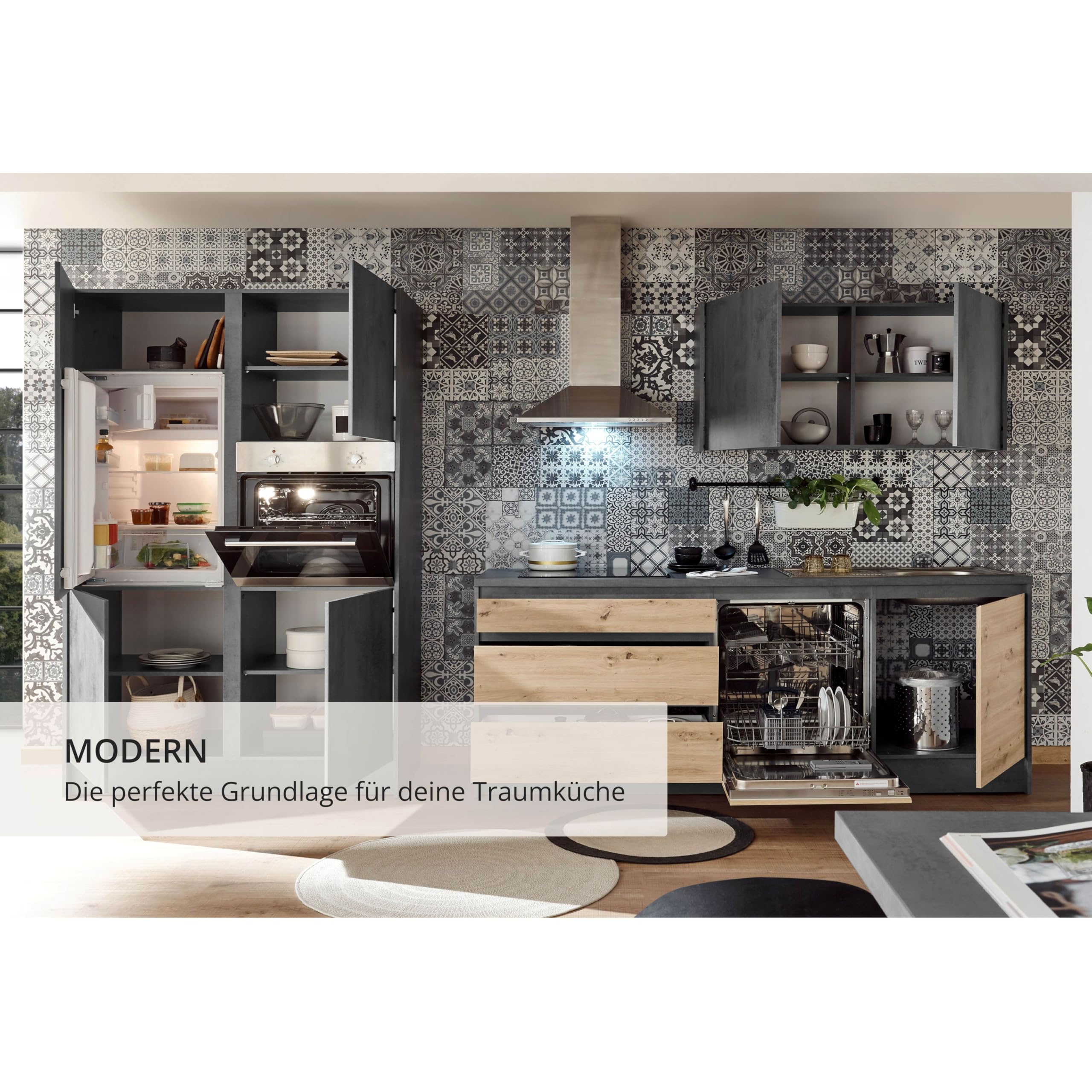 TROJA Moderne Küchenzeile ohne Elektrogeräte in Artisan Eiche Optik, Anthrazit - Geräumige Einbauküche mit viel Platz und Stauraum - 210 x 211 x 60 cm (B/H/T)