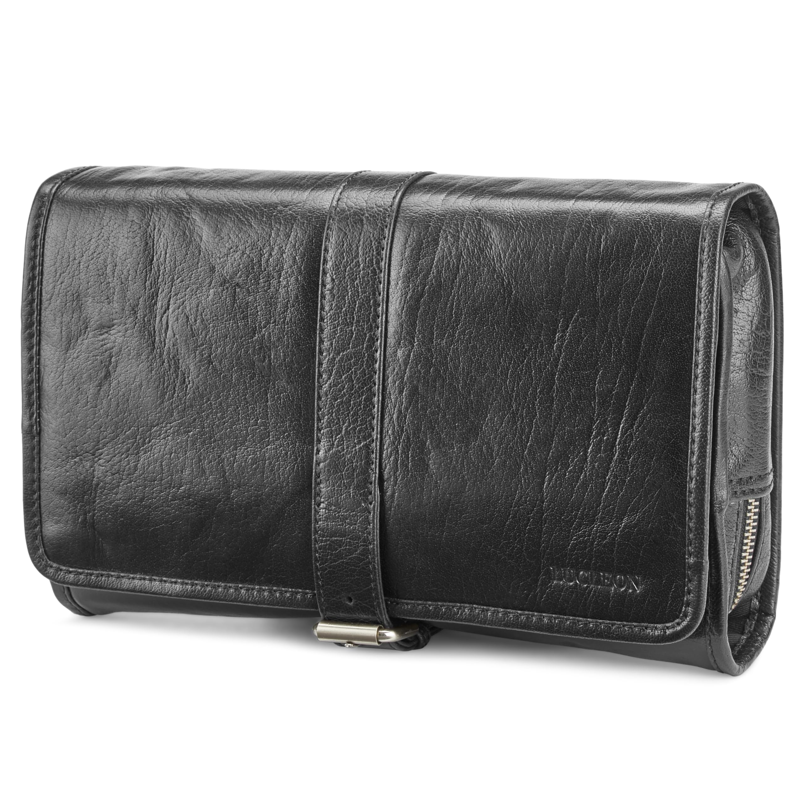 Lucleon by Trendhim - Neceser colgante de piel para hombre, espacioso neceser de piel auténtica con acabado de anilina y forro de algodón, gancho para colgar, elegante diseño danés para viajes, Black