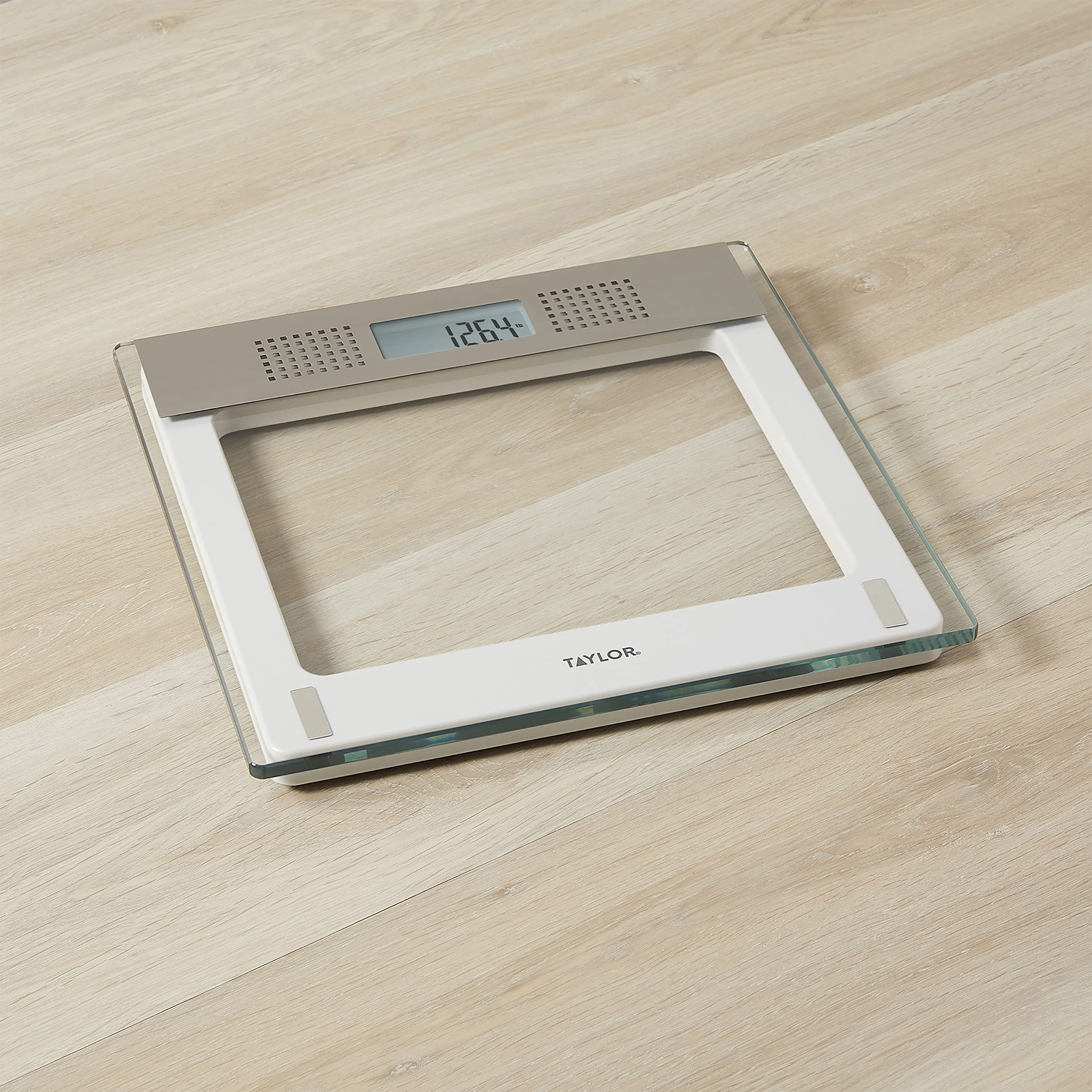 Taylor Báscula digital parlante de baño, 5 idiomas, báscula de peso corporal, báscula blanca, detalles de acero inoxidable de vidrio transparente, capacidad de 440 libras, detalles de acero inoxidable