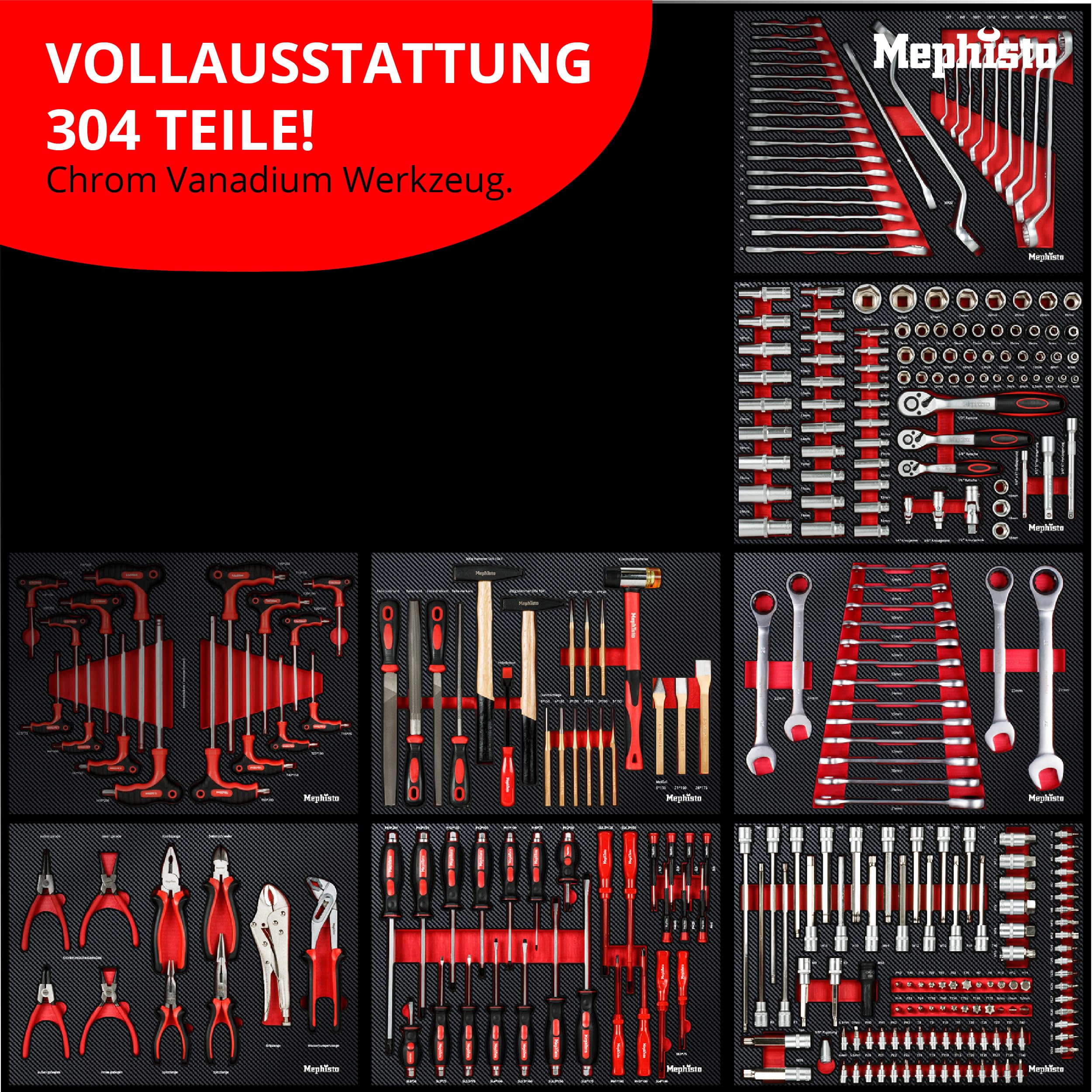 Mephisto Chariot à outils XXL avec 8 tiroirs dont 8 outils tels que clés, cliquet avec boîte en noyer, jeu de clés à anneau, etc. en Soft Inlays in Carbon Lock