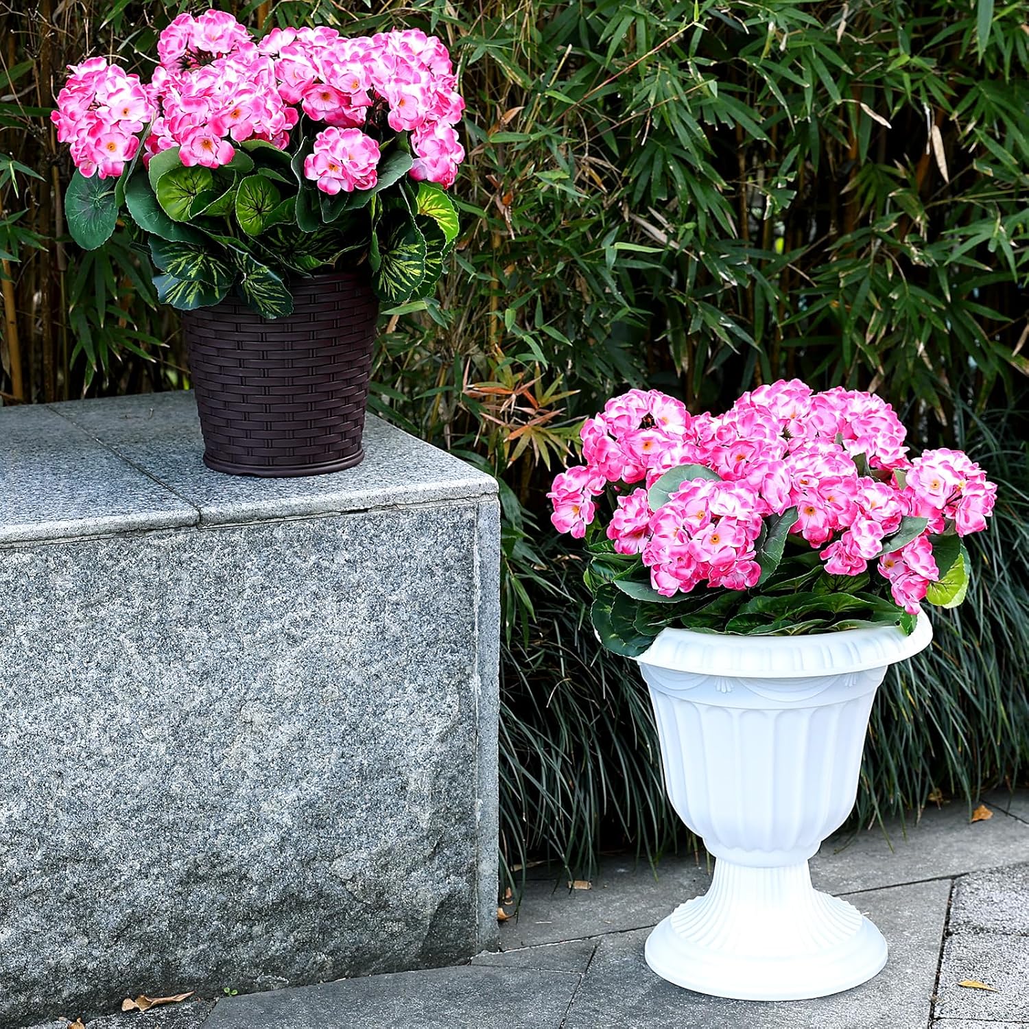 Set of 2 Artificial Flowers Potted for Outdoor, Pre-Made Faux Geranium Plants in Pots UV Resistant Pink Silk Fake Flower Large Potted Plant for Gardens Yards Patios Paths Home Decor - Pink