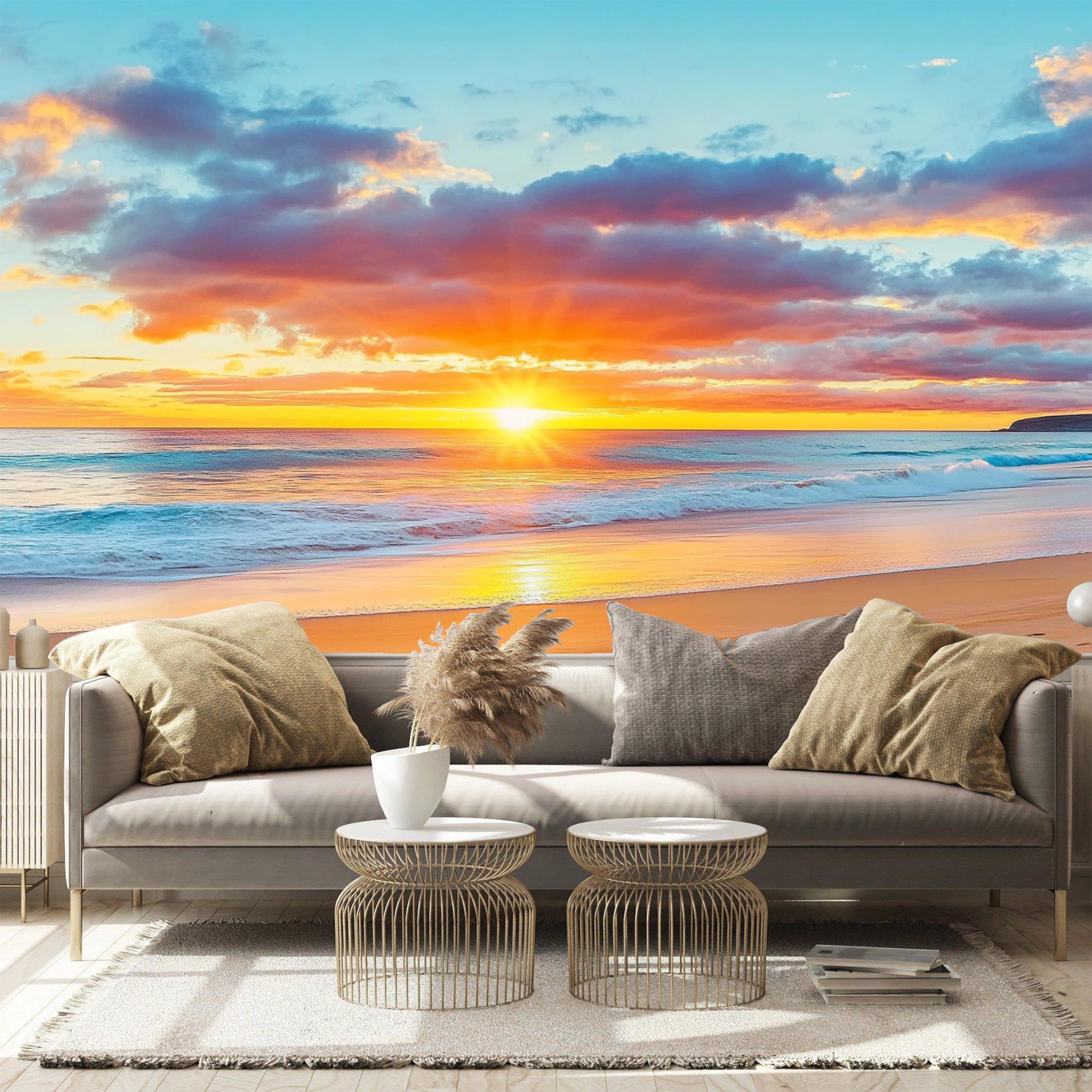 Custom Size Beach Sunset Ocean Waves Peel And Stick Wallpaper - Removable Self-Adhesive Mural For Living Room, Bedroom & Coastal Decor