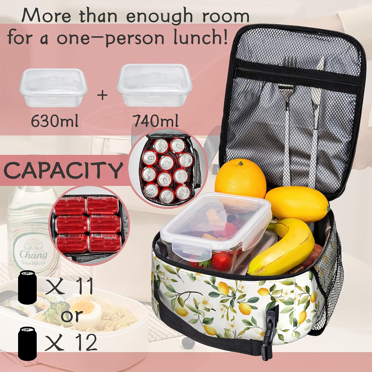 Lemon Summer Lunch Tote for Women, Cute Insulated Lunch Bag image 4
