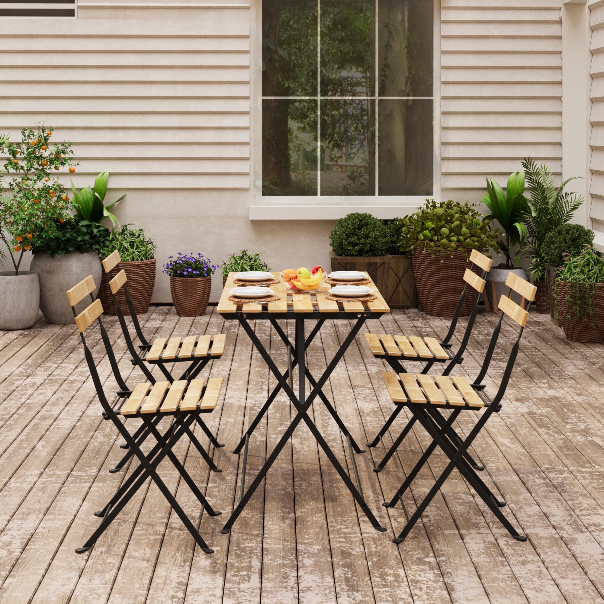 casa.pro Juego de Muebles de Jardín Conjunto Bistró para Balcón Terraza Jardín 1 Mesa y 4 Sillas Plegables Estable Exterior 71 x 100 x 54 cm Acero Madera de Acacia - Natural y Negro