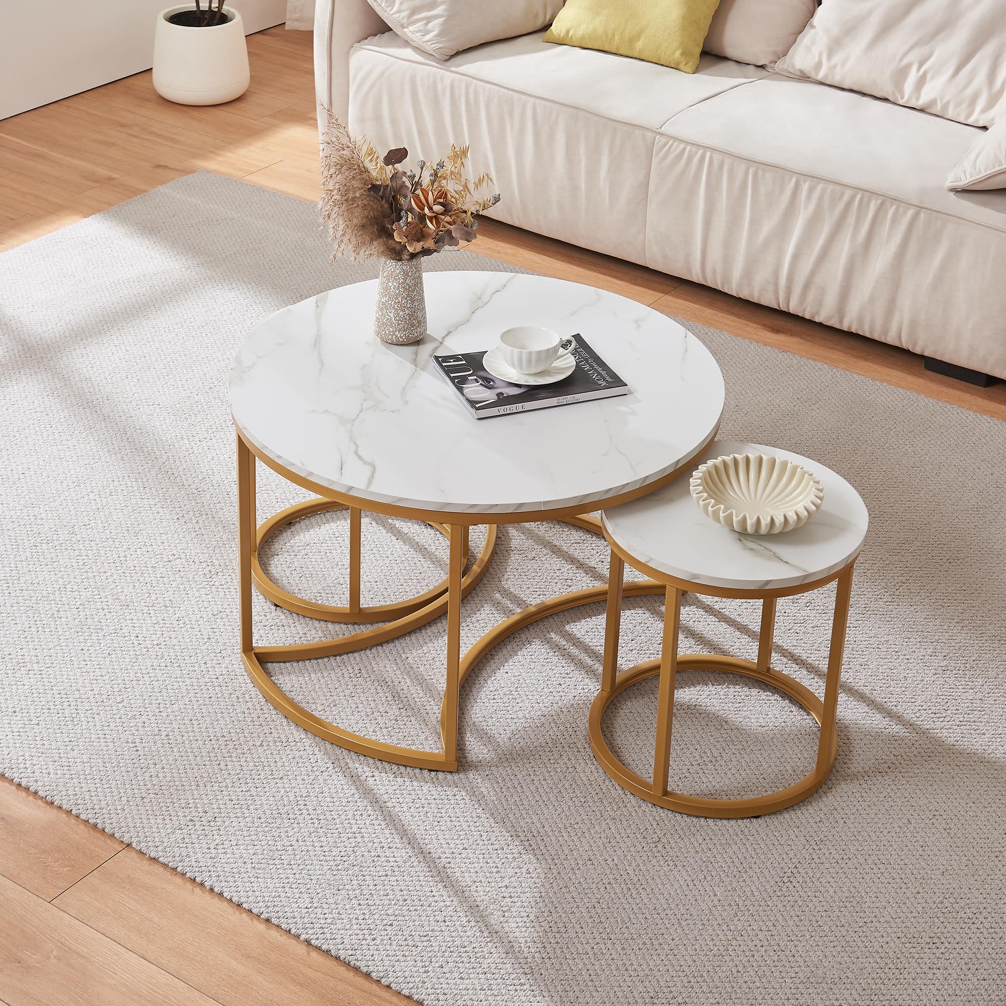[en.casa] Set di 3 Tavolini Sovrapponbili Tavoli Bassi da Salotto con Piano Rotondo Tavolini da Caffè in Misure Diverse Base Circolare e Semicircolare in Metallo - Effetto Marmo Bianco/Oro