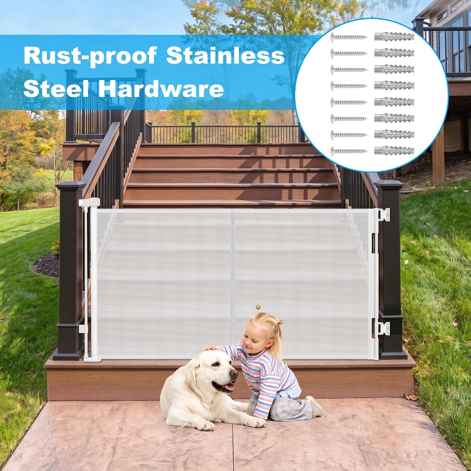 Weatherproof Outdoor Retractable Baby Gate with Rust-Proof Stainless Steel Hardware& Waterproof Mesh, 60" Wide Retractable Dog Gate with Support Rods to Prevent Crawling Through, Mesh Dog Gate Outdoor