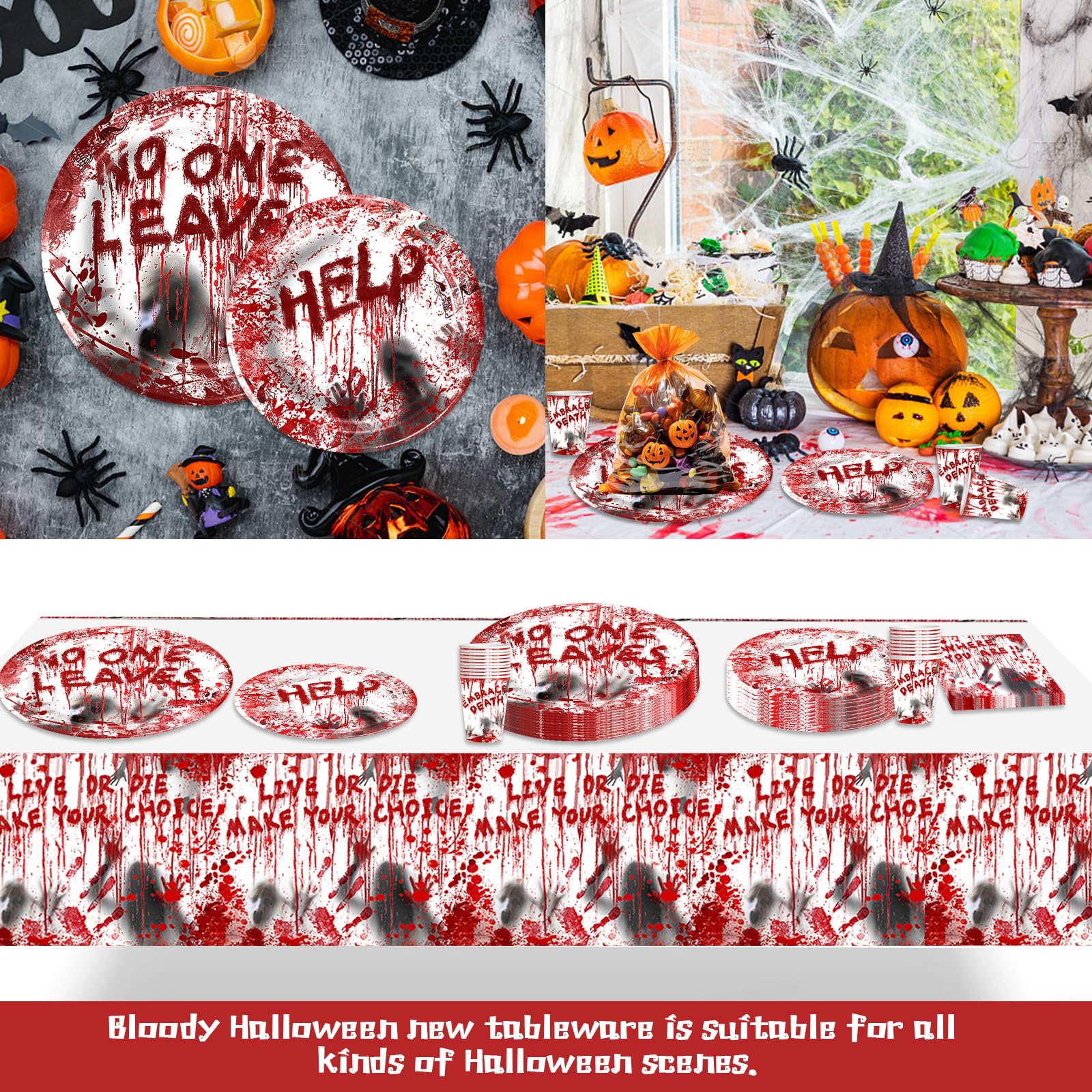 Set Vaisselle Halloween 61 Pièces – Pour 20 Personnes – Assiettes, Gobelets, Serviettes, Nappe – Motifs Festifs