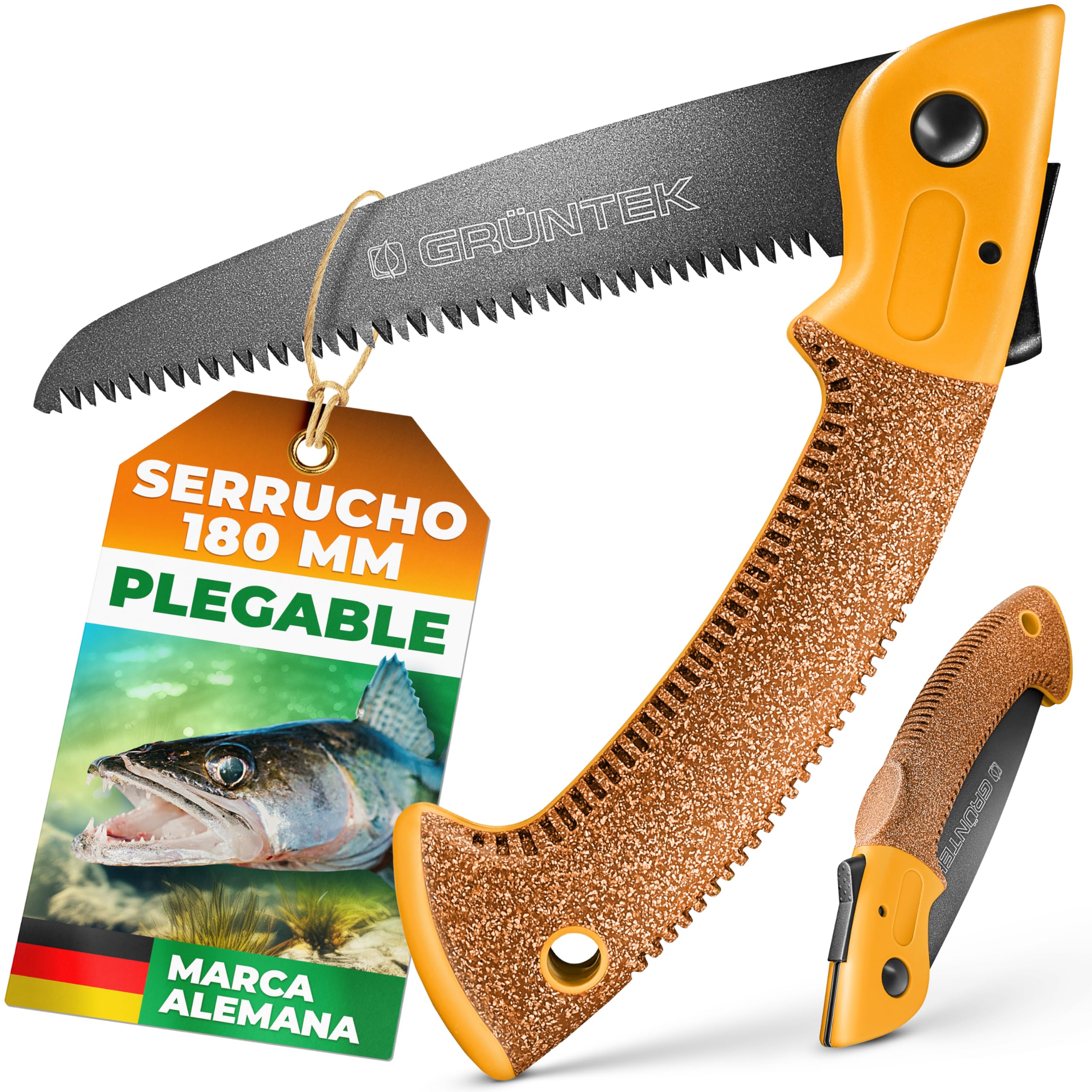 GRÜNTEK Sierra Plegable de Poda para jardinería 180 mm - Mango de corcho - Hoja de TEFLON y acero. Sierra para podar de camping y jardín