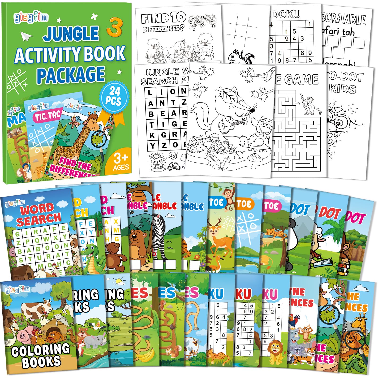gisgfim Confezione da 96 mini libri da colorare Safari per bambini dai 4 ai 12 anni, gioco di puzzle animali della giungla, labirinto, ricerca di parole da punto a punto, per compleanno, ricompense in