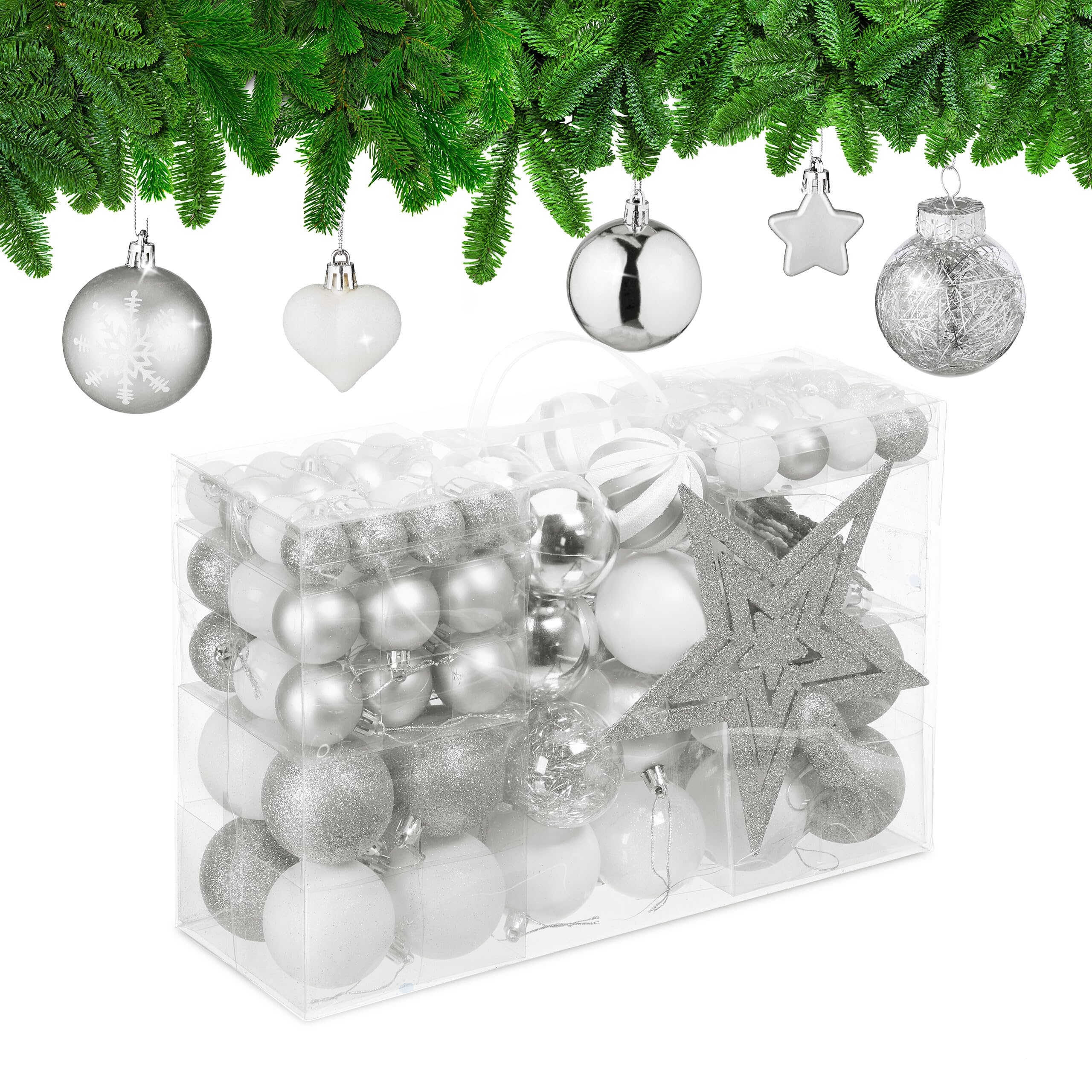 Relaxdays Set 101 Bolas Árbol Navidad, Plástico, Adornos Navideños con Bolitas y Estrella, Decoración, Plateado/​Blanco